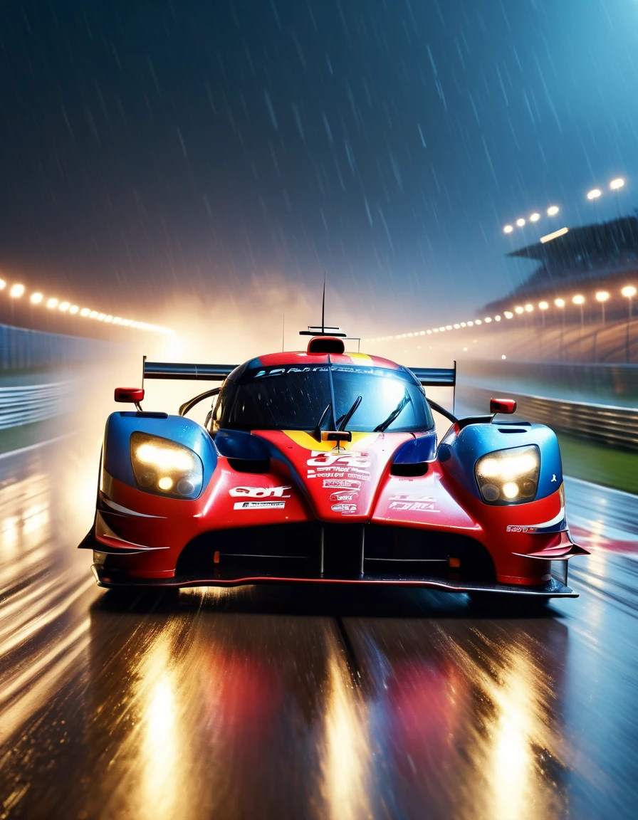 movie scene，Extreme close-up，(Looking straight ahead at the out-of-control racing car)，(A high-speed racing car is rushing towards the camera)，(The track on a rainy night:1.5)，Foggy，glaring anamorphic lens flare，Dramatic lighting，high speed photography，Motion Blur，Award-winning photography，Fear and panic