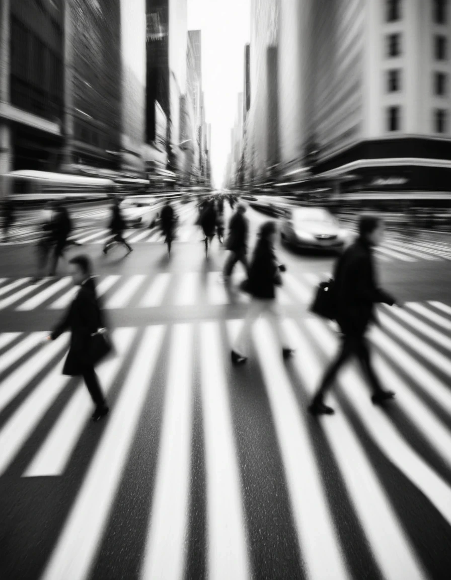 Motion blur, black and white close-up, (people in a hurry at a city intersection), crosswalk, professional fashion photography, super macro, super detailed textures, poster style, minimalism, Nikon, Hasselblad, Canon, Fujifilm, 16K