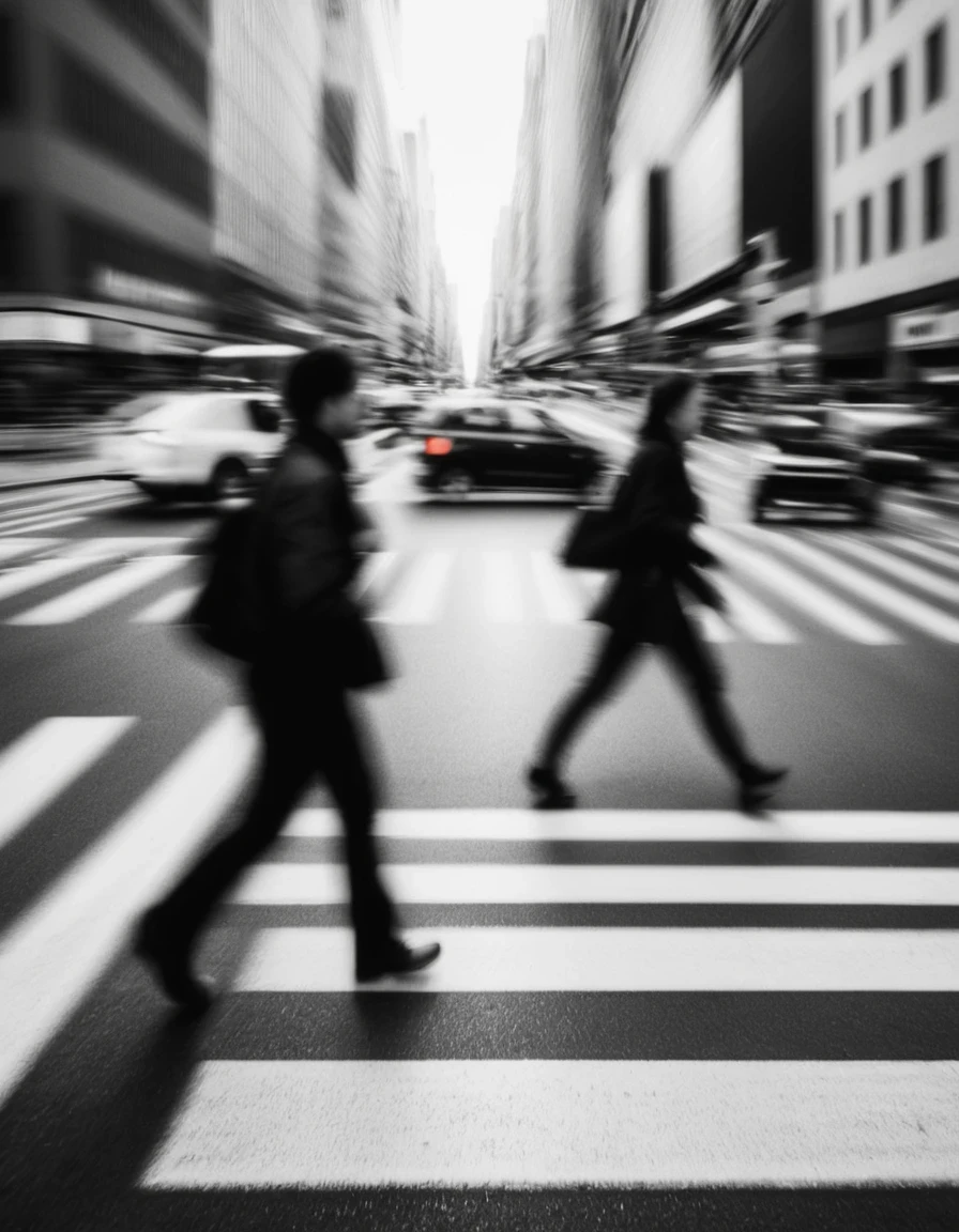 Motion blur, black and white close-up, (people in a hurry at a city intersection), crosswalk, professional fashion photography, super macro, super detailed textures, poster style, minimalism, Nikon, Hasselblad, Canon, Fujifilm, 16K