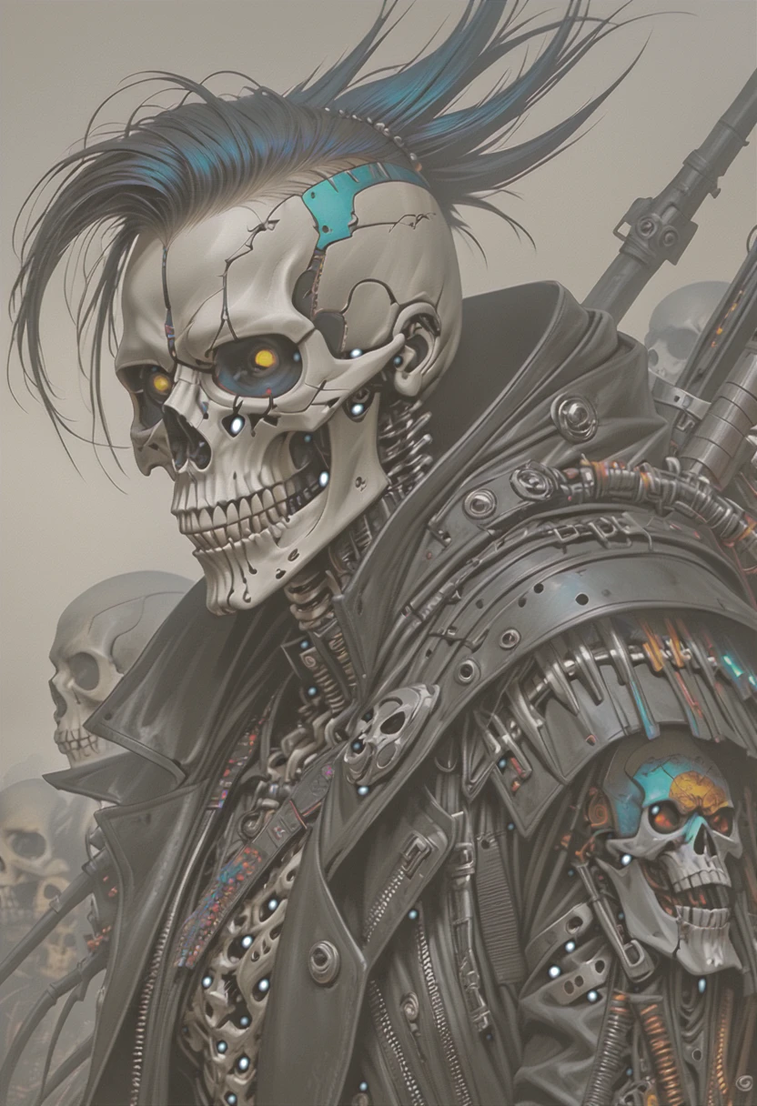 a close up of a person with a skull on their shoulder, fantasy skull, cyberpunk skeleton, amazing portrait of viego, scary detailed art in color, punk grim reaper, cyborg necromancer, great digital art with details, style of simon bisley, undead skeleton king, heavy metal art style, dark but detailed digital art, cyberpunk dark fantasy art