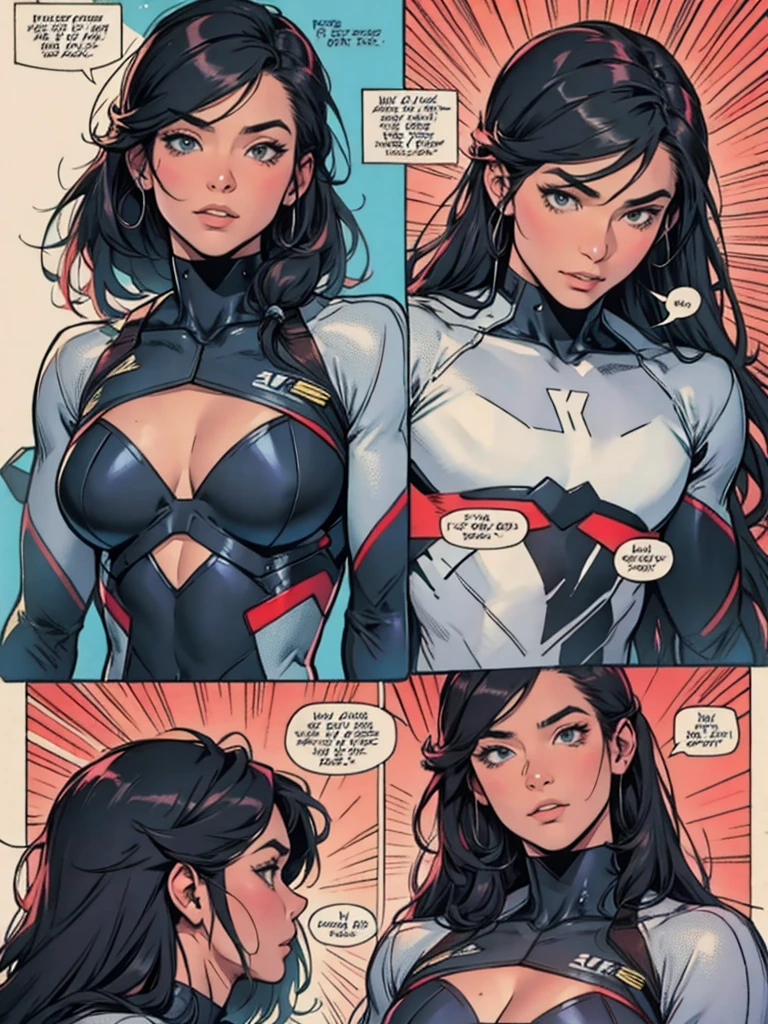 ultimate best quality, beautiful woman super hero,Speech bubble, big page, 4 frames