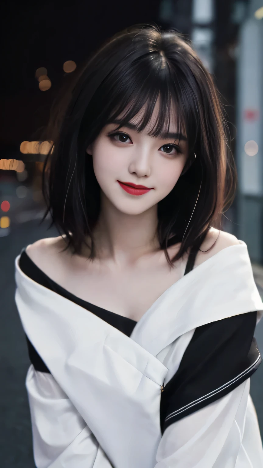 best quality，masterpiece，超high resolution，（Degree of holiness：1.4），（Hyper-realism）， （high resolution）， （8k），RAW photos，1 girl，Off-shoulder，big ，Movie Lighting, Smile,Short hair details，white shawl straight hair，Side Bangs，High-resolution details、Ultra Detailed、Movie Lighting、Surrealism、Soft Light、Deep field focus bokeh、Has short black hair，White skin，famous work of art，is a perfect face，Pretty Face，beautiful eyes，（（perfect female body））