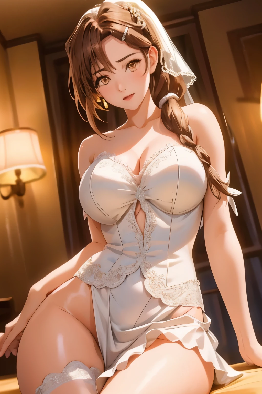 Wedding dress,underwear, Lace, Bare legs, Brown_hair,Brown_Eye,hair_decoration,hairclip,Side Ponytail, Single Braid, 1 girl, 20 years,Young women,fair Finger,fair long legs,fair body,fair Nose,fair character design, perfect Eye, perfect Face,expressive Eye, Looking at the audience, In the center of the image,(Light_Smile:0.5), official art,Extremely detailed CG unified 8k wallpaper, perfect Lighting,rich and colorful, bright_front_Face_灯Light,有Light泽的皮肤, (masterpiece:1.0),(the best_quality:1.0), Ultra-high resolution,4K,Super detailed, photography, 8k, HDR, high resolution, absurd:1.2, Kodak Portrait 400, Film Grain, Blurred background, Bokeh:1.2, 镜头Light晕, (Energetic_color:1.2) (fair,Large target_breast:1.0), (fair_Face:1.5),(narrow_waist), Face红, Smile, Sexy brides