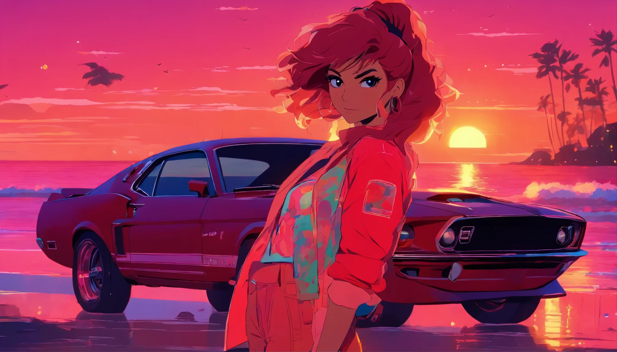 2d anime style, a red-haired woman in casual clothes stands next to her 1969 Mustang in a beach setting in the background with a sunset, image inspired by synthwave style, highly detailed and intricate details, pastel colors, image with a cinematic style, vector style traits