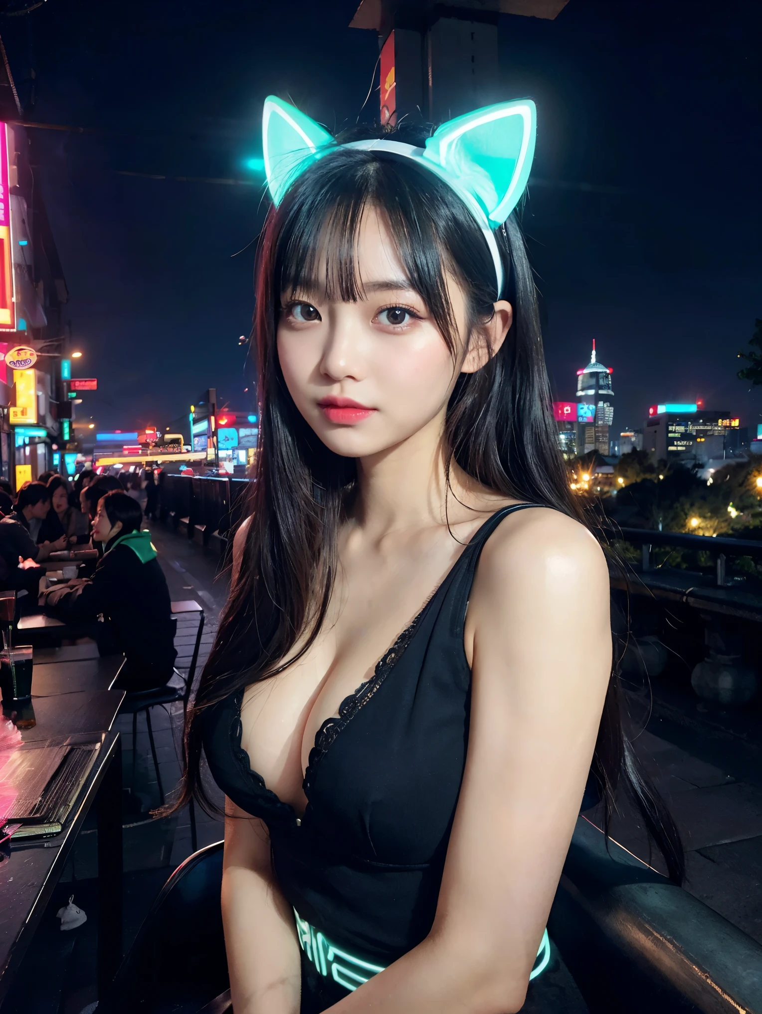 最high quality, masterpiece, 32k、Super detailed、realistic、1 girl, japanese woman、cute face, (photo actual:1.3), edge lighting, (high detail skin:1.2), 8K超High resolution, Single-lens reflex camera, high quality, High resolution, 4k, 8K, Optimal ratio of 4 fingers to 1 thumb, (actual:1.3), Green and blue neon cat ears headband、cute 1 girl, realistic、Super realistic、32k、Super detailed、masterpiece, 最high quality, beautiful girl, beauty、small breasts, Mecha, beautiful lighting, (neon light:1.2), (night:1.5), Cyberpunk Costume、sitting,Cyber Neon、future city、Skyscraper、City night、Shanghai、big city、night scene、Beautiful night scene