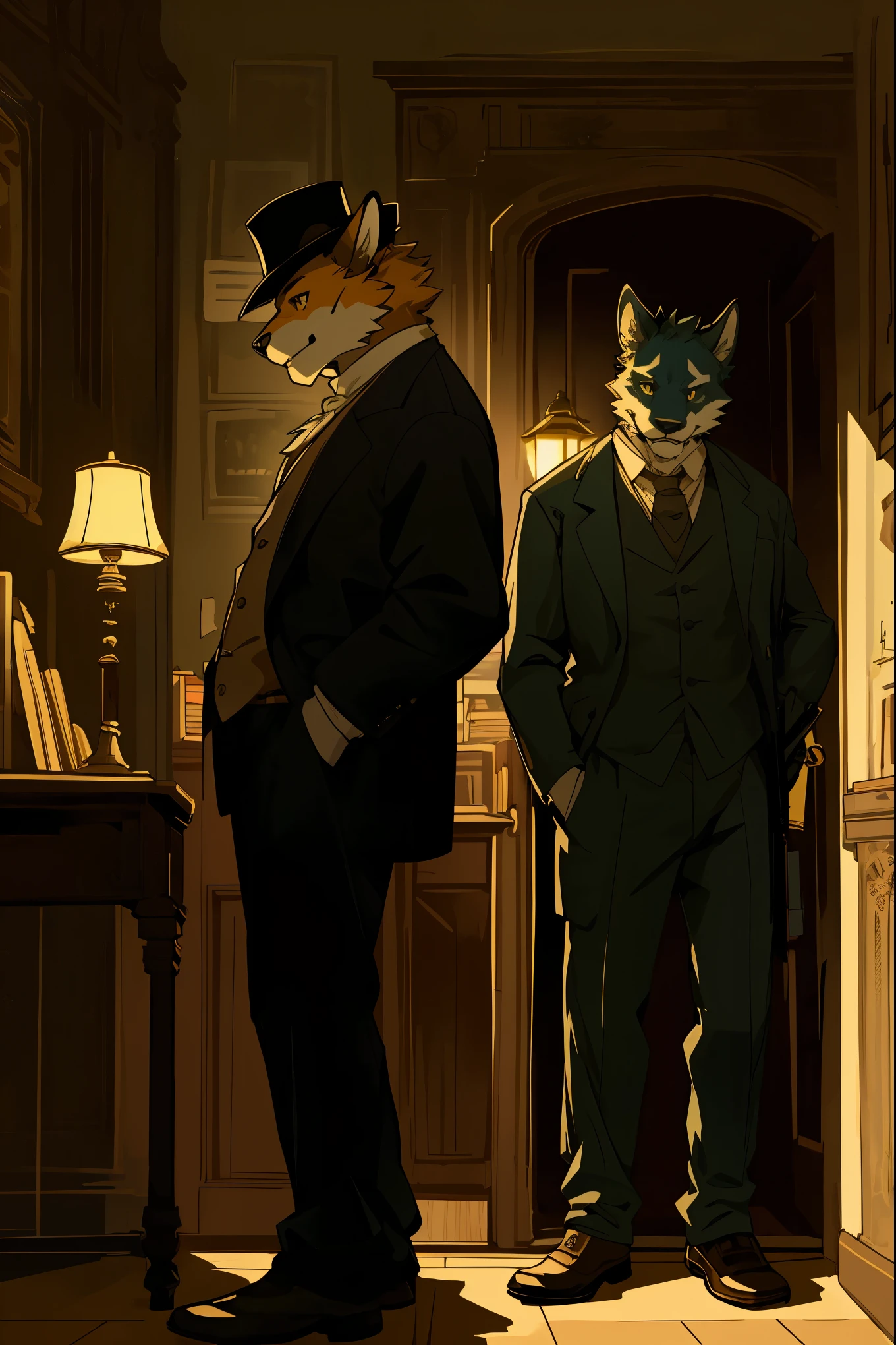 top quality, best quality, High-quality illustrations, masterpiece, detailed background, Details of antiques and books in Holmes’ apartment study, Tense moment of Dr. Watson feeling for the gun on the table, Contrast of gas lamp’s light and shadows on London’s night streets, Baker Street 221B entrance door and doorstep decor, Recreation of the Triumph stage, Holmes and Watson progressing vividly, absurdres, perfect anatomy, cinematic lighting(2boys, kemono, furry, anthro)dynamic angle,