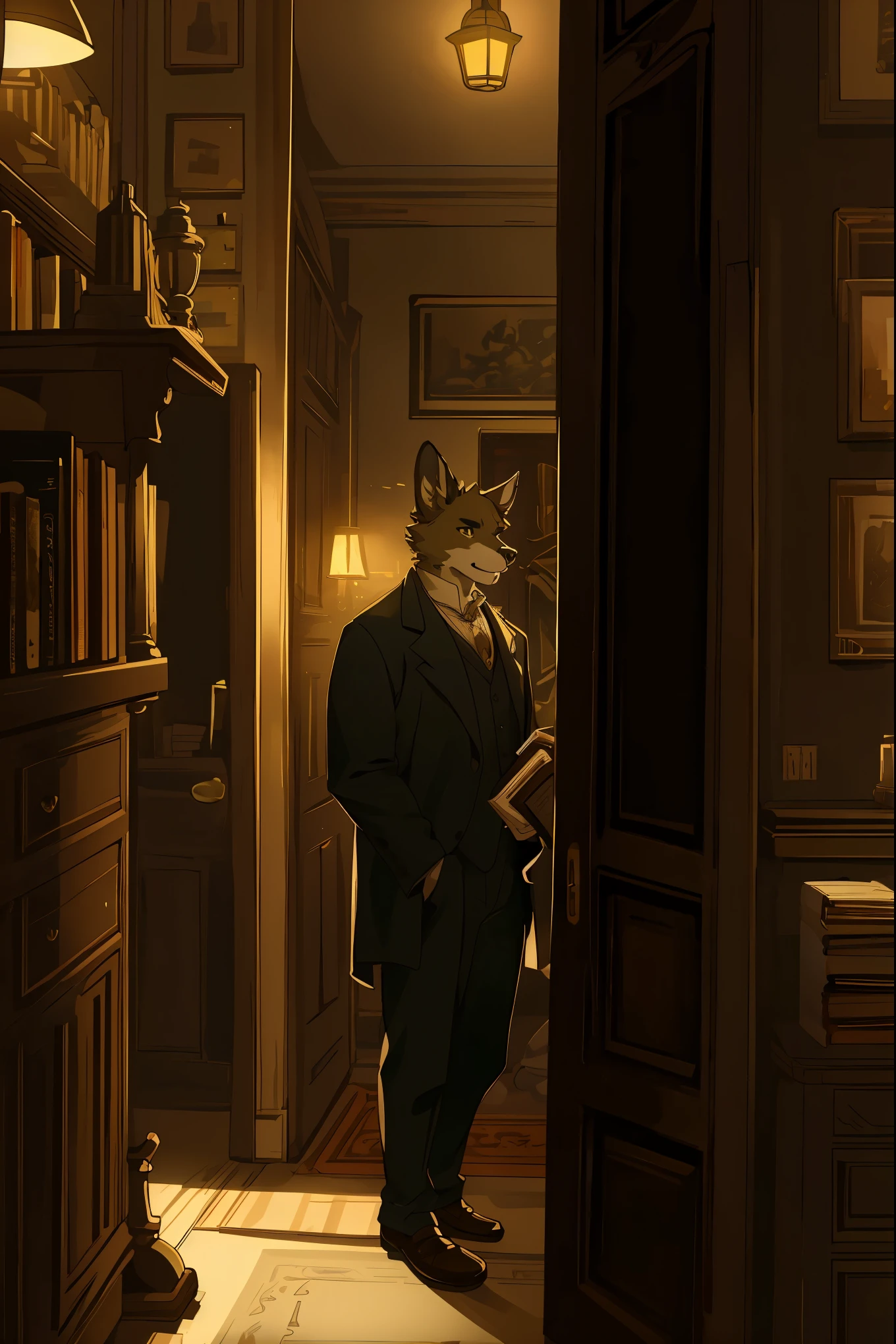 top quality, best quality, High-quality illustrations, masterpiece, detailed background, Details of antiques and books in Holmes’ apartment study, Tense moment of Dr. Watson feeling for the gun on the table, Contrast of gas lamp’s light and shadows on London’s night streets, Baker Street 221B entrance door and doorstep decor, Recreation of the Triumph stage, Holmes and Watson progressing vividly, absurdres, perfect anatomy, cinematic lighting(2boys, kemono, furry, anthro)dynamic angle,