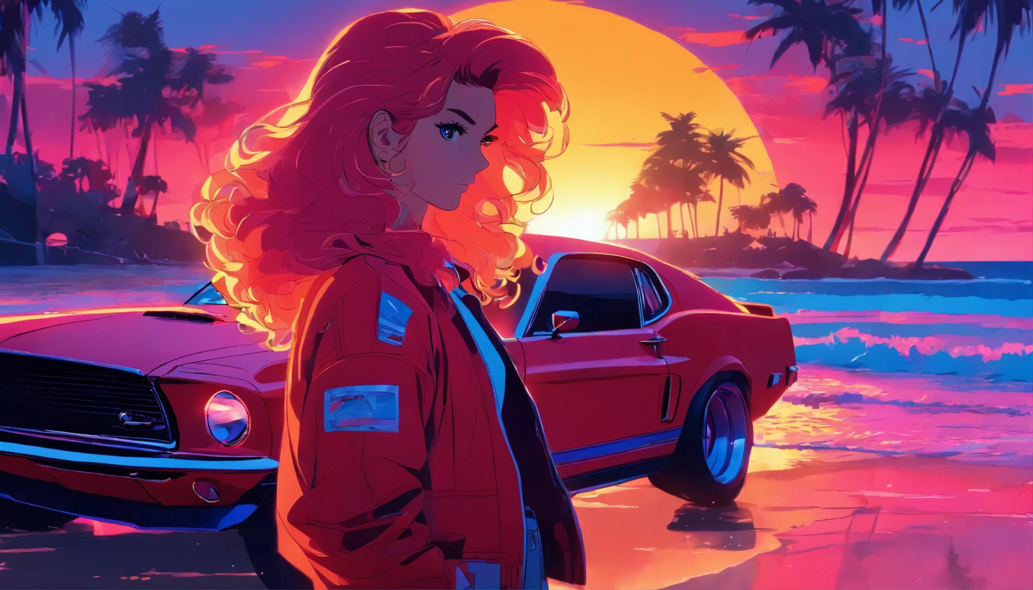 2d anime style, a red-haired woman in casual clothes stands next to her 1969 Mustang in a beach setting in the background with a sunset, image inspired by synthwave style, highly detailed and intricate details, pastel colors, image with a cinematic style, vector style traits