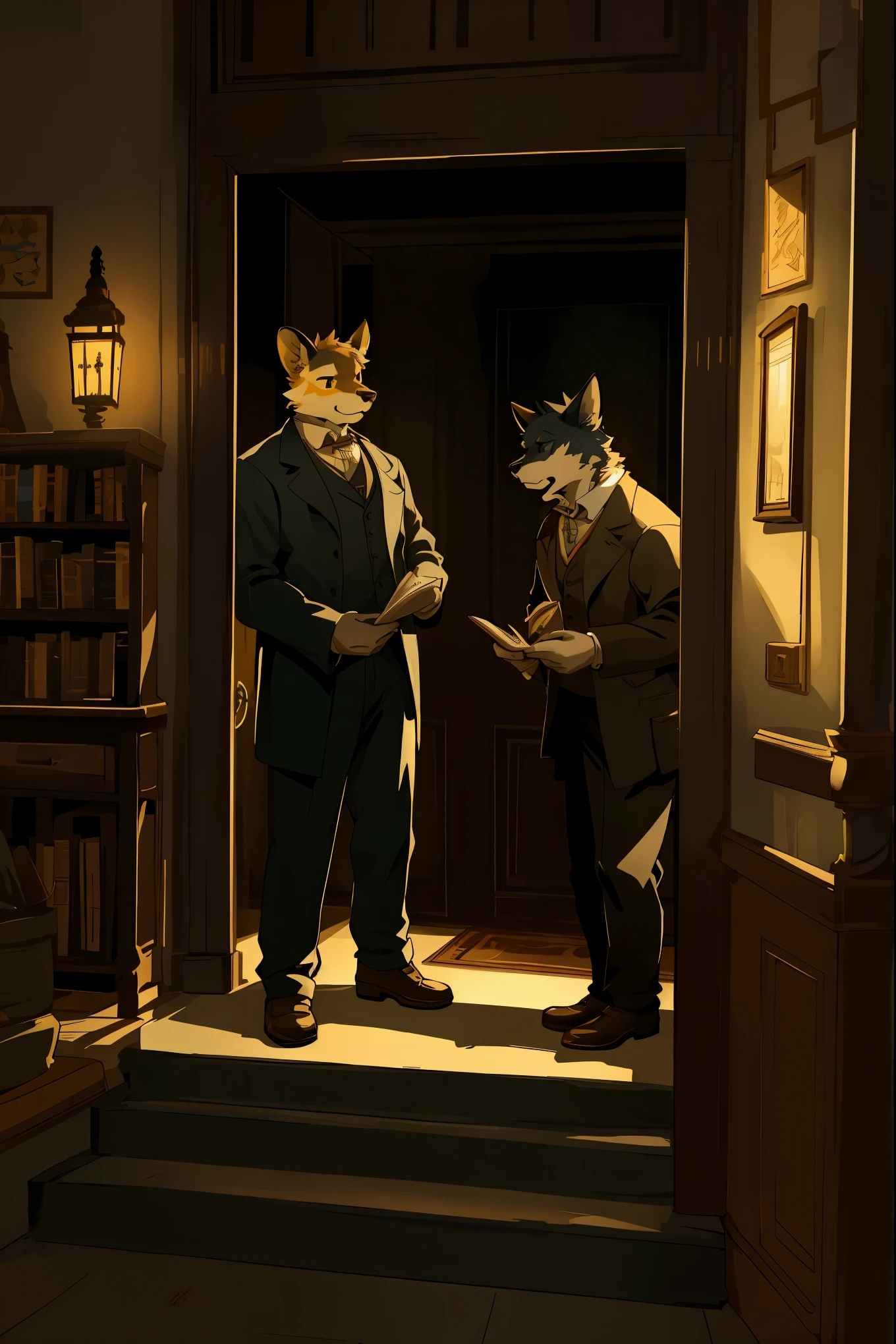 top quality, best quality, High-quality illustrations, masterpiece, detailed background, Details of antiques and books in Holmes’ apartment study, Tense moment of Dr. Watson feeling for the gun on the table, Contrast of gas lamp’s light and shadows on London’s night streets, Baker Street 221B entrance door and doorstep decor, Recreation of the Triumph stage, Holmes and Watson progressing vividly, absurdres, perfect anatomy, cinematic lighting(2boys, kemono, furry, anthro)dynamic angle,