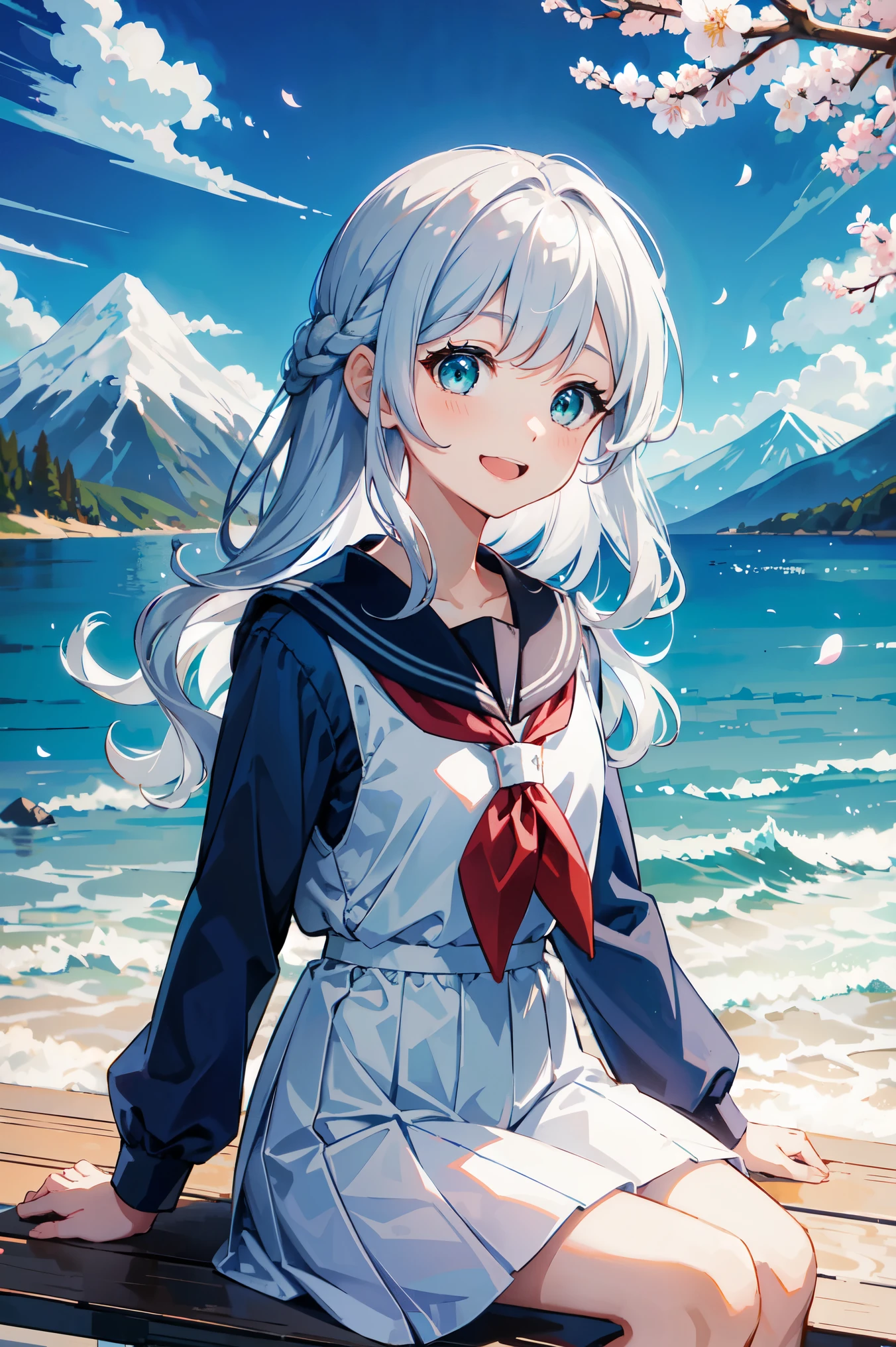 (masterpiece), scenery, Mountain Horizon, cherry blossoms, petal, Particles of light, Upper Body, One girl, Sailor, Wavy Hair, floating hair, smile, Sitting, Open your mouth, Particles of light, Silver Hair, Aqua Eye, View your viewers, Face Focus