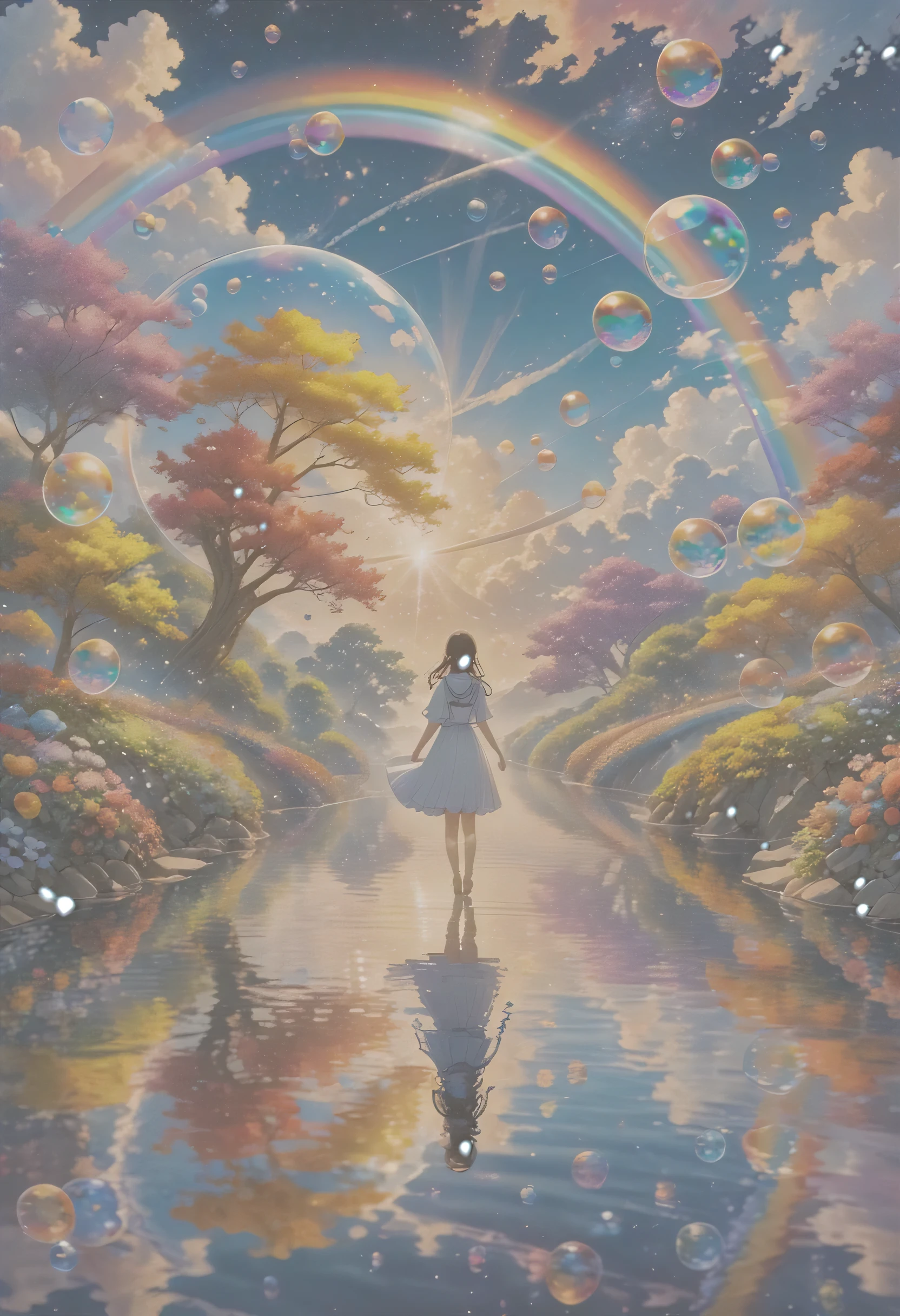 masterpiece、highest quality、8ｋ、On the colorful sea、１human girl、Reflection on the water、Angel Ladder、Far Away in Space、rainbow bridge、Soap bubbles flutter。