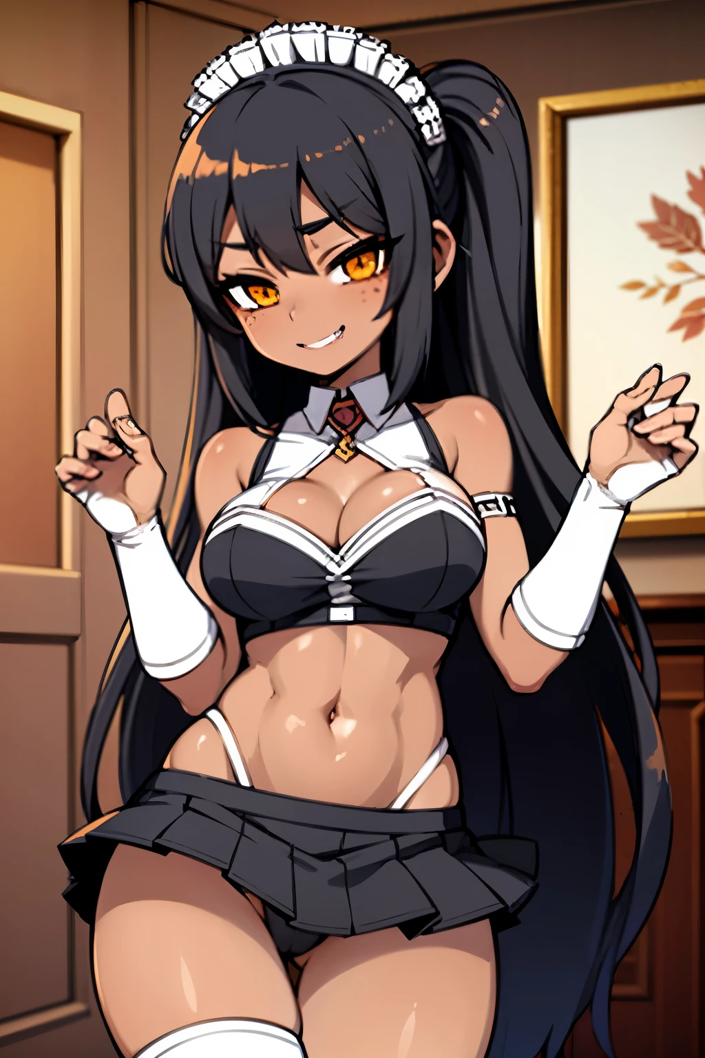beautiful woman, black hair, orange eyes, freckles, large , cleavagbody, extremely long hair, dark skin, french maid, tiny skirt, skirt barely covering panties, midrifd abs, plateau heels, mansion interior background, seductive, happy, smiling, extreme blushing, 4K, 8K, high resolution, high definition, ultra-detailed, masterpiece, perfect anatomy
