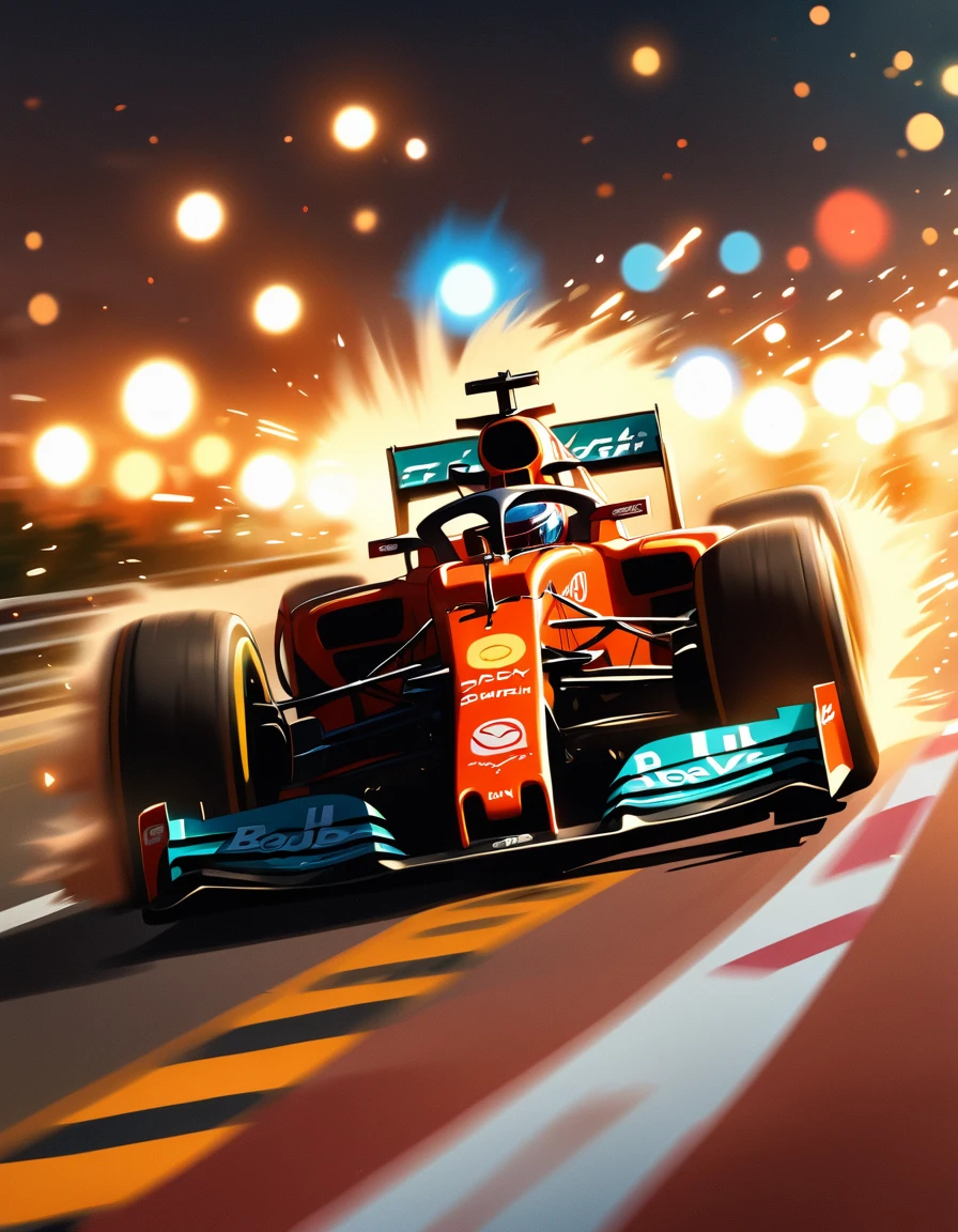 best quality，masterpiece，high resolution，1 girl，F1 Racing，whole body，from side，Night driving，Contest，bold composition，Motion Blur，detailed，Bokeh，(Motion blur:1.6)，Dramatic lighting，high speed photography，Motion Blur，Award-winning photography，