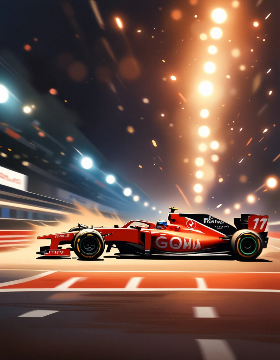 best quality，masterpiece，high resolution，1 girl，F1 Racing，whole body，from side，Night driving，Contest，bold composition，Motion Blur，detailed，Bokeh，(Motion blur:1.6)，Dramatic lighting，high speed photography，Motion Blur，Award-winning photography，