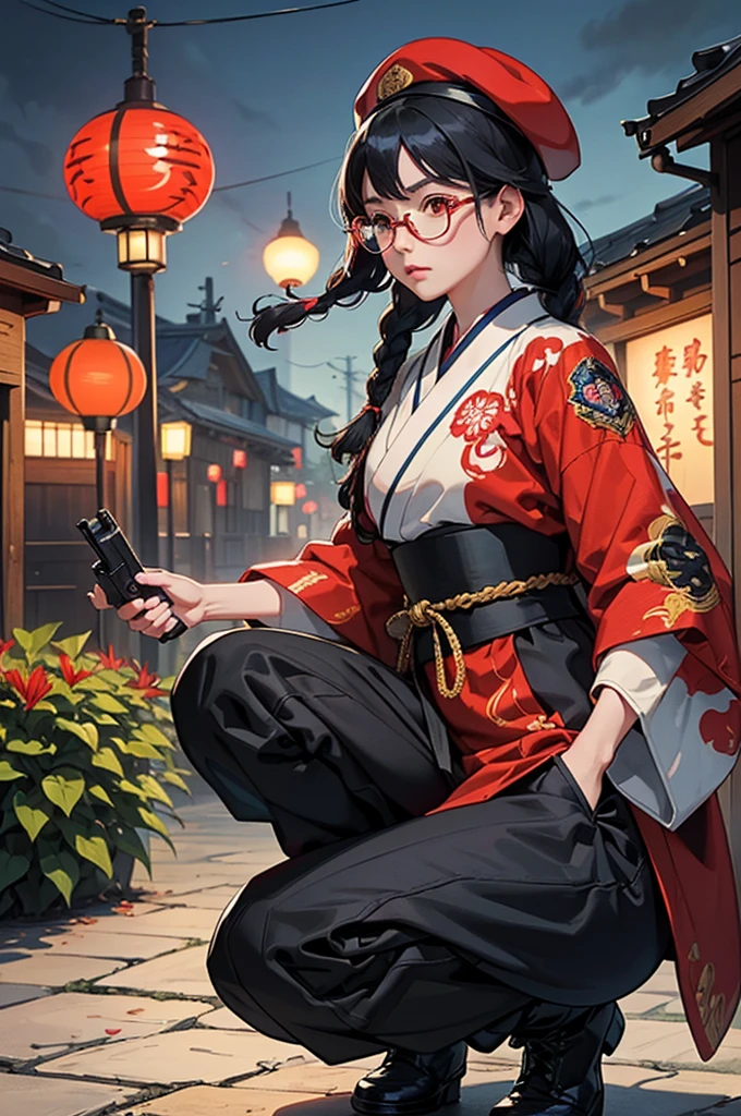 City of night,girl, Fantasy, An illustration, Showa Era, White Hair Girl, Red eyes, blue beret,Red spider lily,steampunk,Japan,Red Eyes,bob hair,evening,nightclub market,Character portrait,Small people,Real,Light,stall,full body,character,soldier,Navy blue clothes,A town like Chinatown,赤いLight,青い反射Light,Taisho Romance,群青のkimono,(Decorative composition: 1.6), masterpiece, high quality, (((フォトReal)), The direction of the film, (High Contrast), Facial details, Detail view, garden, girlは12歳です,kimono,Ethnic national costumes,Wearing round trousers,girlは物陰に隠れている,He is holding a red lantern in his right hand.,Wearing military boots,Holding a gun in his left hand,Be on guard,Military badges,uniformの上着,squat,Clothes with different colors on the left and right,uniform,Military badges,Looking into the distance,Gold Thread Clothes,holding a gun,The right knee is on the ground,The other was a girl with black hair and two braids.,Round Glasses,In combat