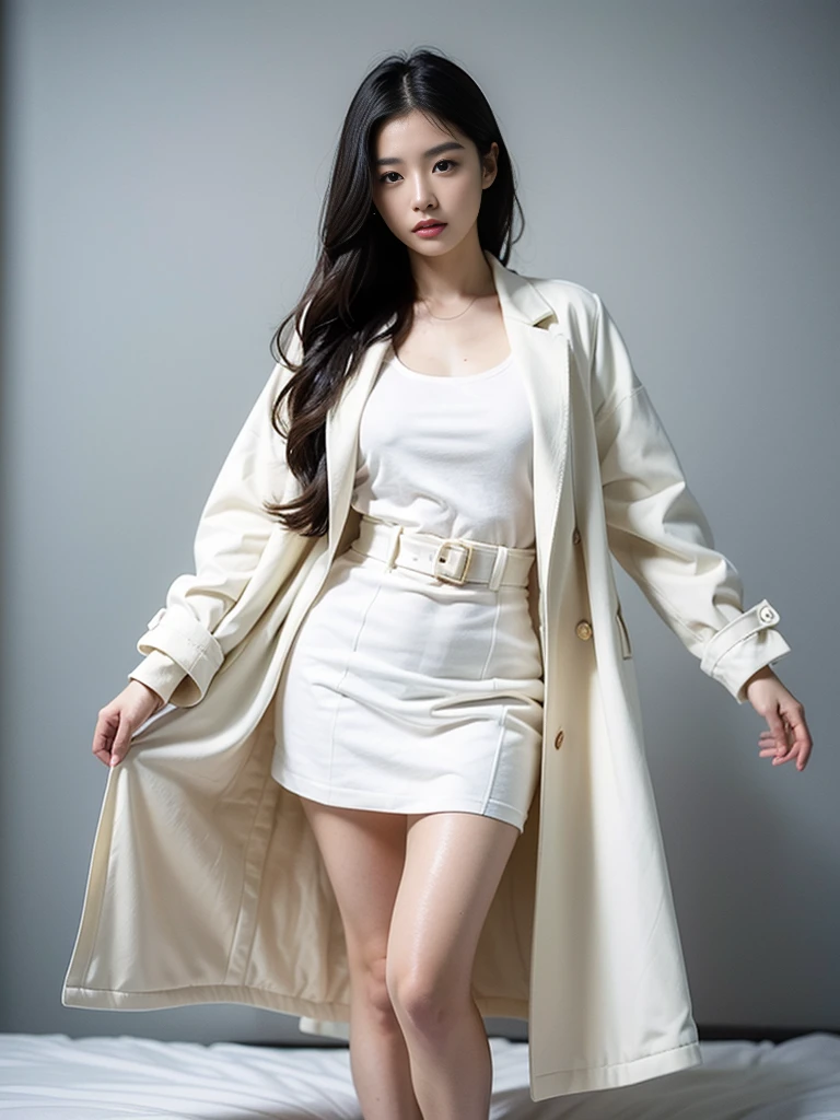 (Top Queen),(Wearing a thin white coat),(Open coat),plump breasts,Sexy,On the bed,Phoenix Eyes,Black hair,Long hair,S-Shaped Body,Top supermodel,Exquisite full body depiction,Delicately sculpt the skin,Smooth skin,Delicate hair carving,Messy hair,Beautiful face,beautiful eyes,(Blushing on the face),sweat,High and cold御姐,High and cold,Proud,(躺在On the bed),White coat,wet clothes,Wet,