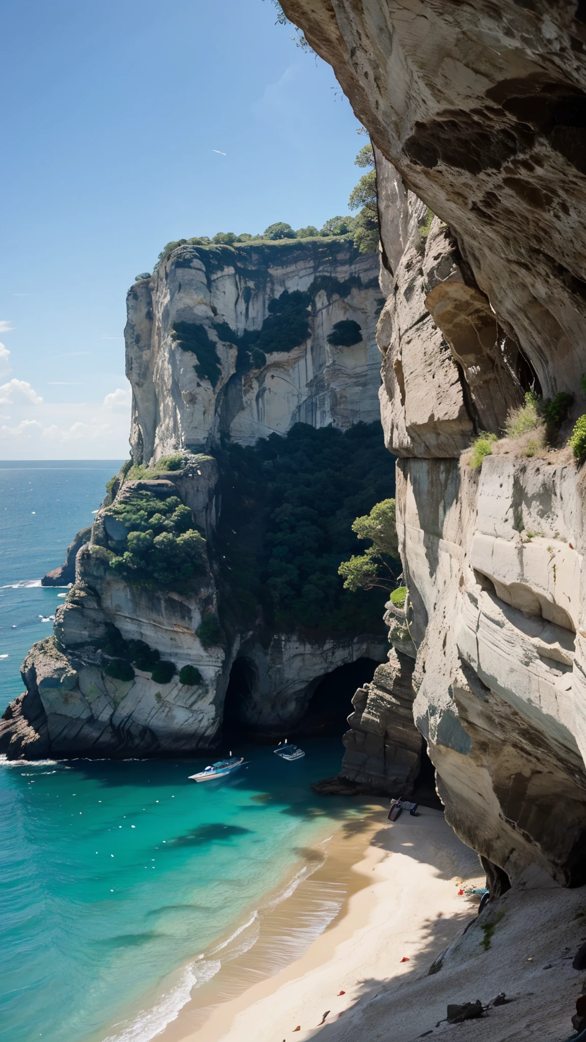 A breathtaking view of a secluded beach cove, surrounded by towering cliffs, with turquoise blue water and a boat visible.