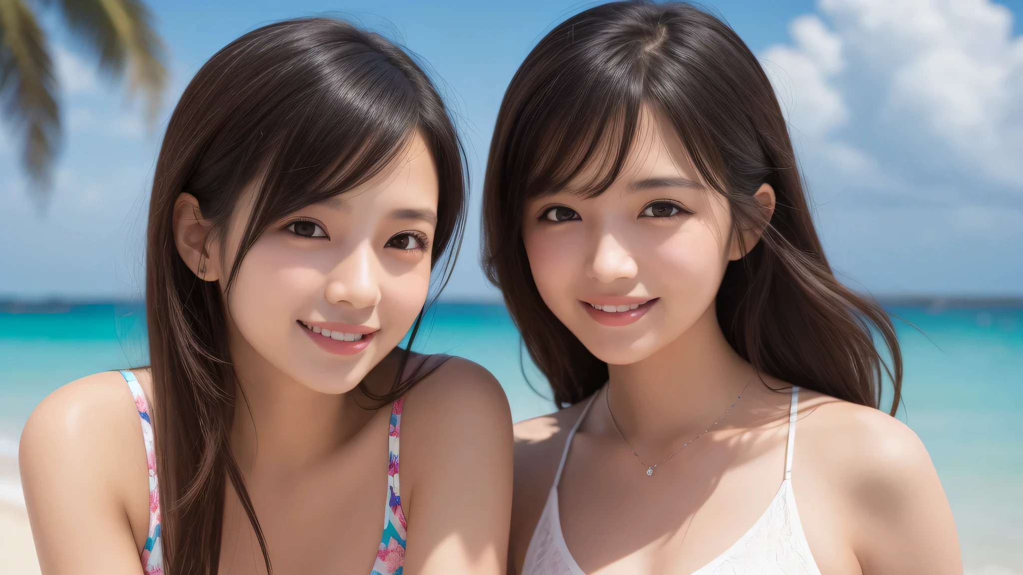 (2girl:1.3), (ultimate beautiful girl), cute face, (smiling), (Best Quality:1.4), (Ultra-detailed), (extremely detailed beautiful face), (highly detailed Beautiful face), (extremely detailed CG unified 8k wallpaper), High-definition raw color photos, Professional Photography, Extremely high resolution, fashionable, Highly detailed, bikini, beach, palm trees,