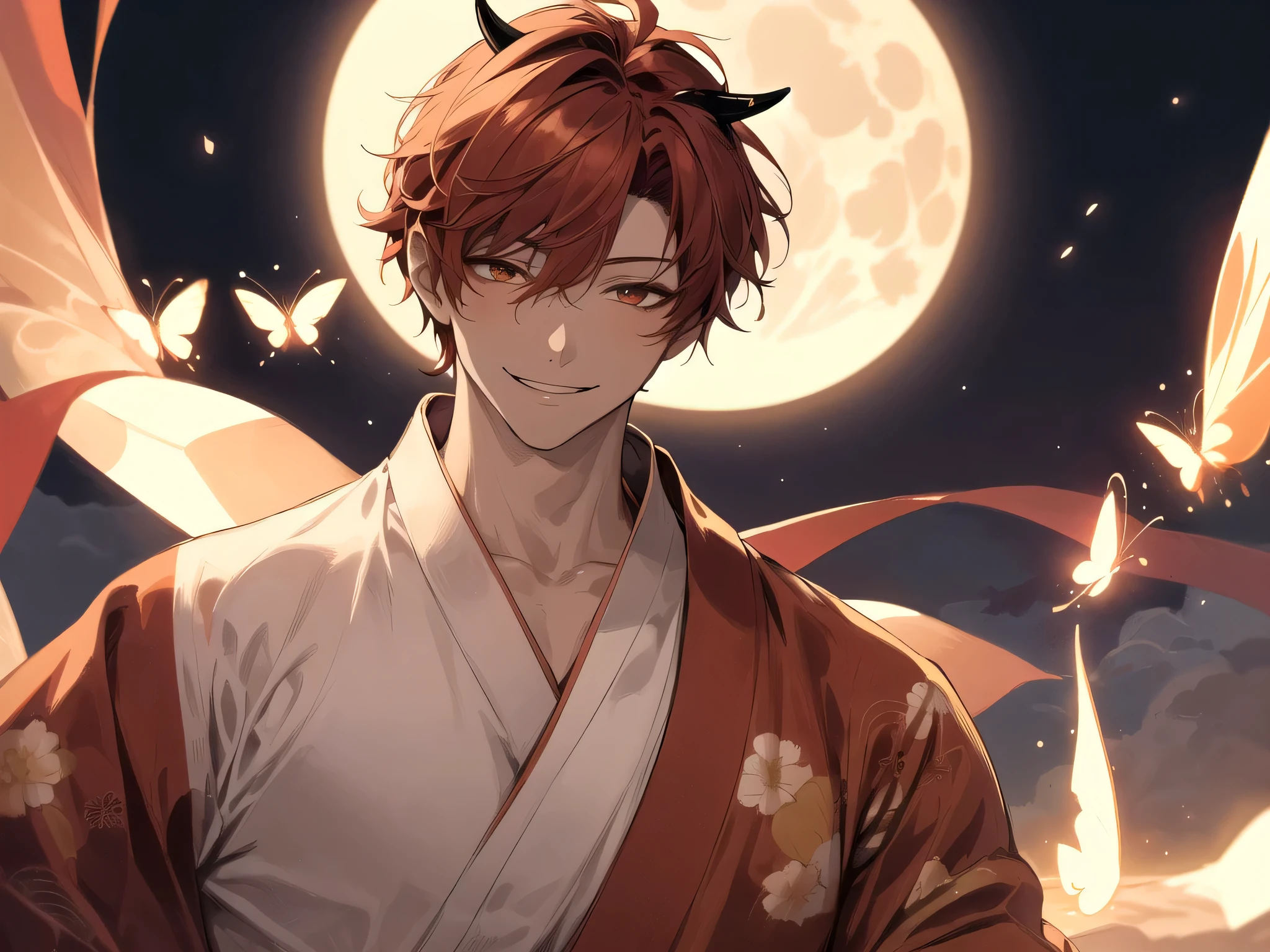 masterpiece,male,one person,Upper Body, Face close-up,Short Red Hair, has horns on its head,((Canine)),Bright atmosphere, smile,Brown skin, Dressed in a kimono and barefoot,Light Butterfly,Night Full Moon
