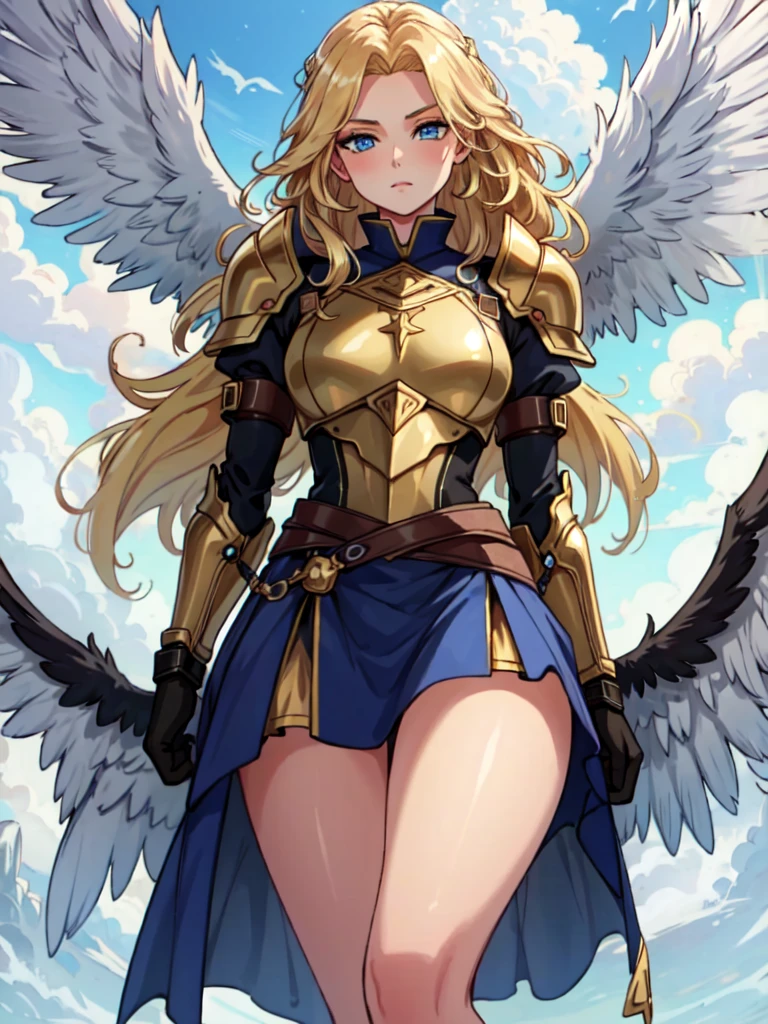 angel, long hair, armor, wings, beautiful, sexy, blue eyes, golden hair, blonde hair, golden blonde hair, skirt