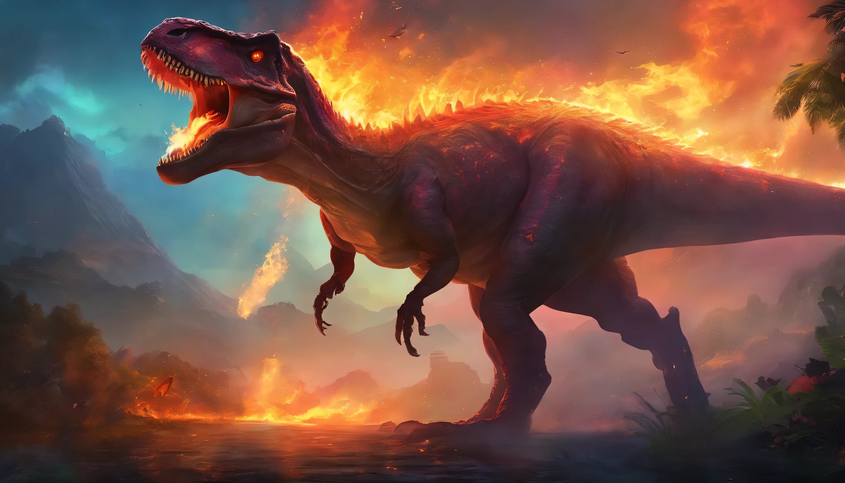 T rex,glowing light eyes,fire-breathing, biomechanical, eery, creepy, nightmarish, Very bright colors, light Particle, , Musif, Wallpaper Art, UHD Wallpapers