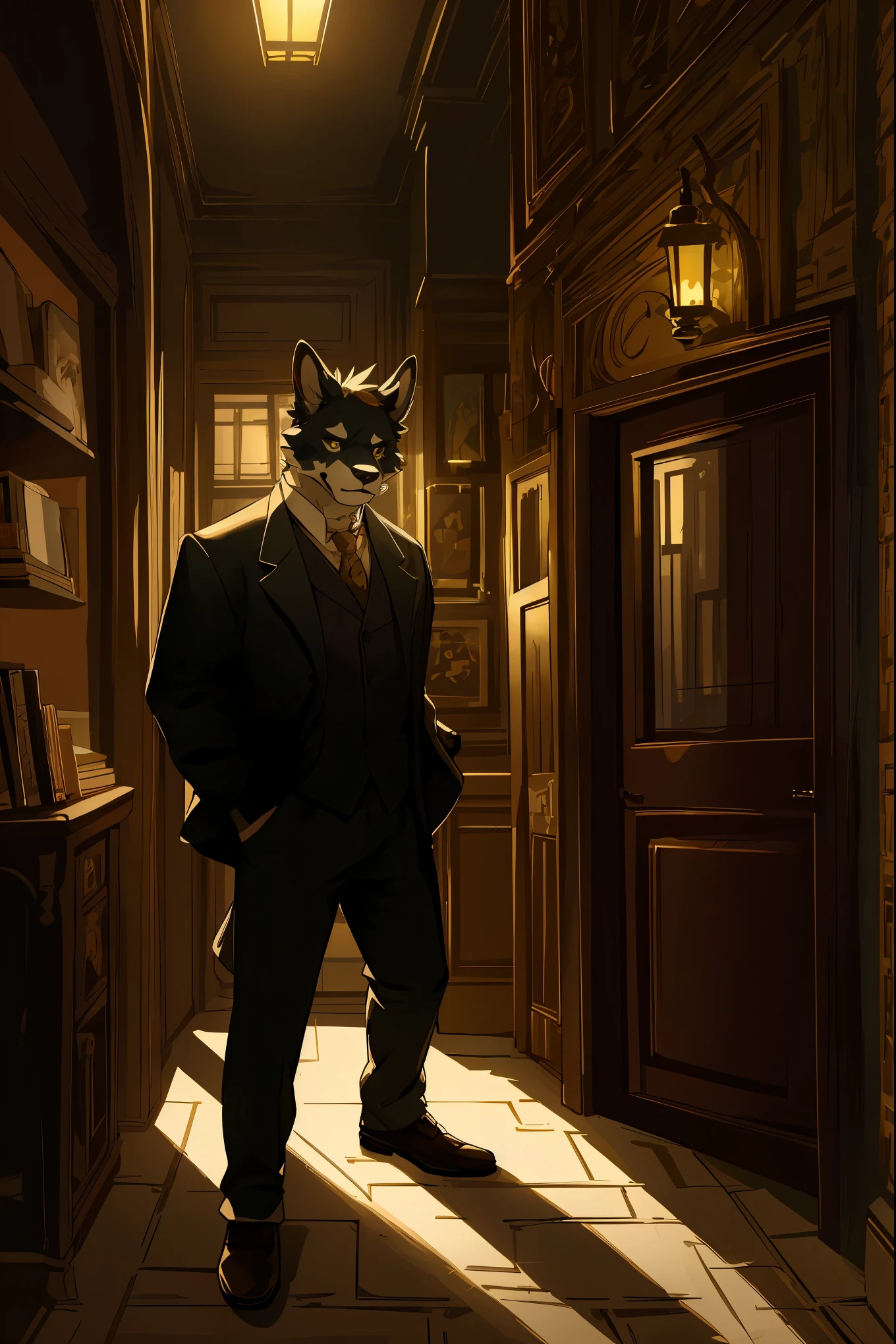 cover page, highres, top quality, best quality, paid reward available, unparalleled masterpiece, perfect artwork, absurdres, High-quality illustrations, Details of antiques and books in Holmes’ apartment study, Tense moment of Dr. Watson feeling for the gun on the table, Contrast of gas lamp’s light and shadows on London’s night streets, Baker Street 221B entrance door and doorstep decor, Recreation of the Triumph stage, Holmes and Watson progressing vividly, absurdres, perfect ???????, cinematic lighting(2boys, kemono, furry, anthro)dynamic angle,