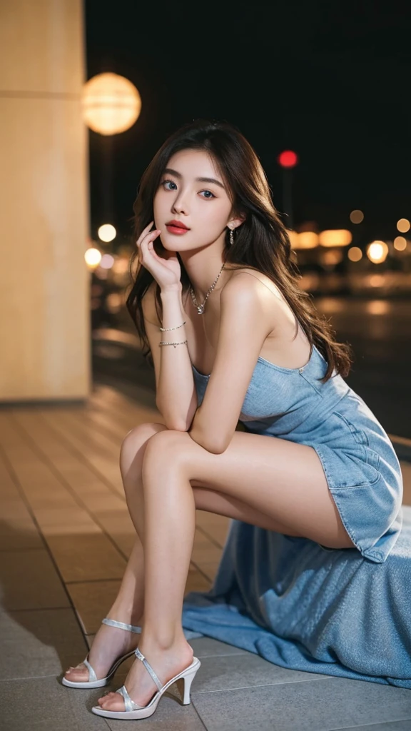1 beautiful girl, standup in front of the beach, (High heels. long legs. Full body, Ivory colour, (transparent dress), breeze blows hair, Big breasts, thin waist, full body short, black hair, mole under eye, crystal earrings, makeup, smelling, light smile, cinematic lighting, sparkle, anaglyph, UHD, masterpiece, super detail, high quality, best quality, HD, perfect anatomy, perfect background, perfect face, perfect body, detailed face, look at camera. dim lights, blurry background, (evening)), Luxury background