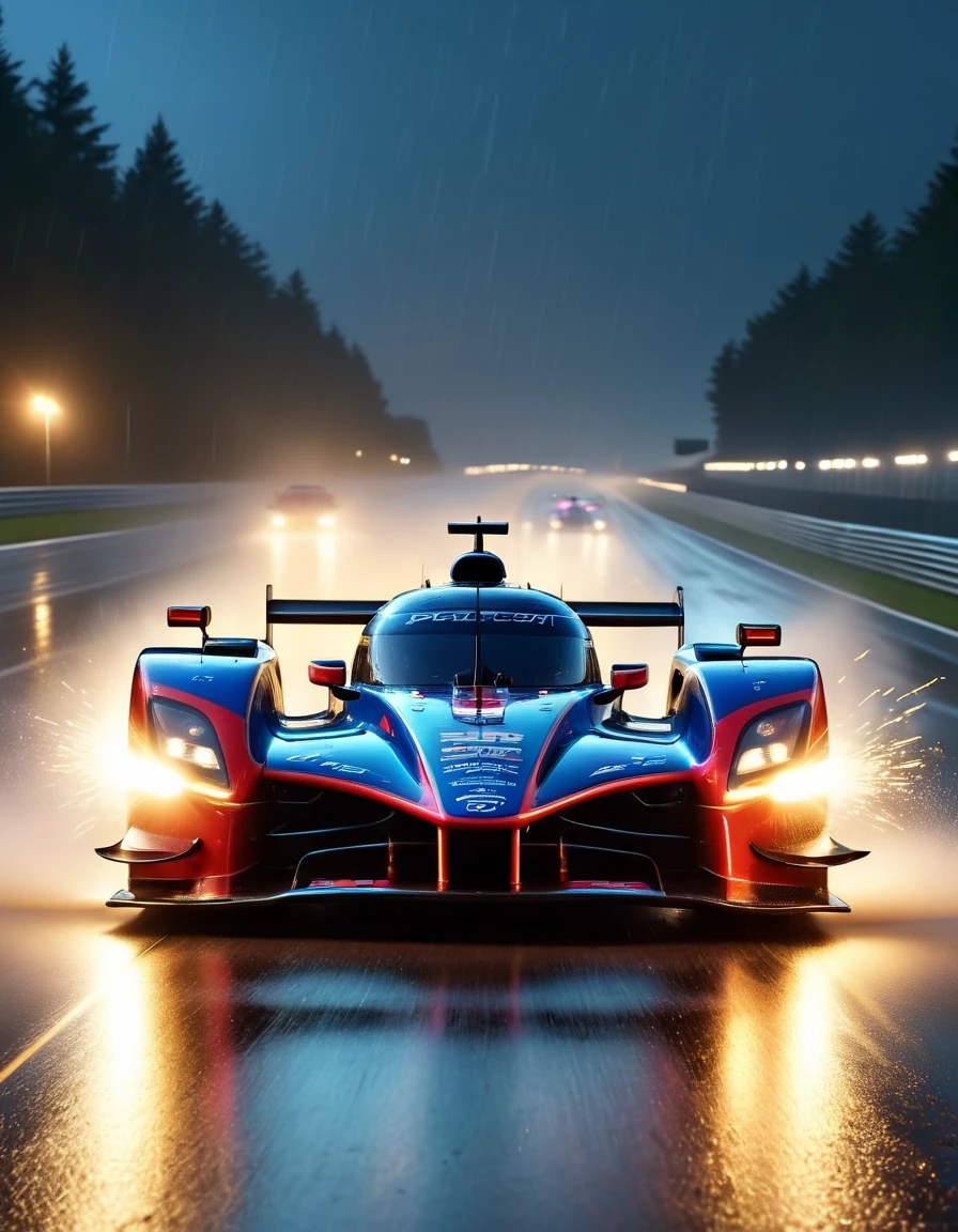 movie scene,Extreme close-up,(Looking straight ahead at the out-of-control racing car),(A high-speed racing car is rushing towards the camera),(The track on a rainy night:1.5),Foggy,glaring anamorphic lens flare,Dramatic lighting,(high speed photography),(Motion Blur:1.5),Award-winning photography,Fear and panic