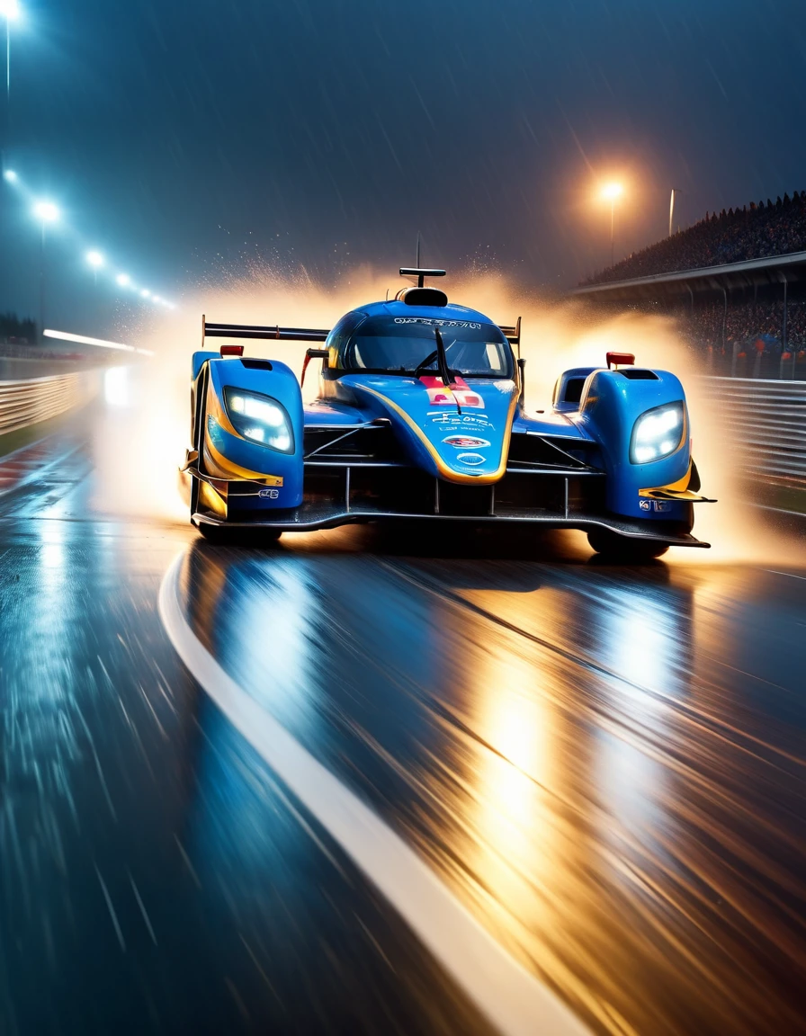 movie scene，Extreme close-up，(Looking straight ahead at the out-of-control racing car)，(A high-speed racing car is rushing towards the camera)，(The track on a rainy night:1.5)，Foggy，glaring anamorphic lens flare，Dramatic lighting，(high speed photography)，(Motion Blur:1.5)，Award-winning photography，Fear and panic