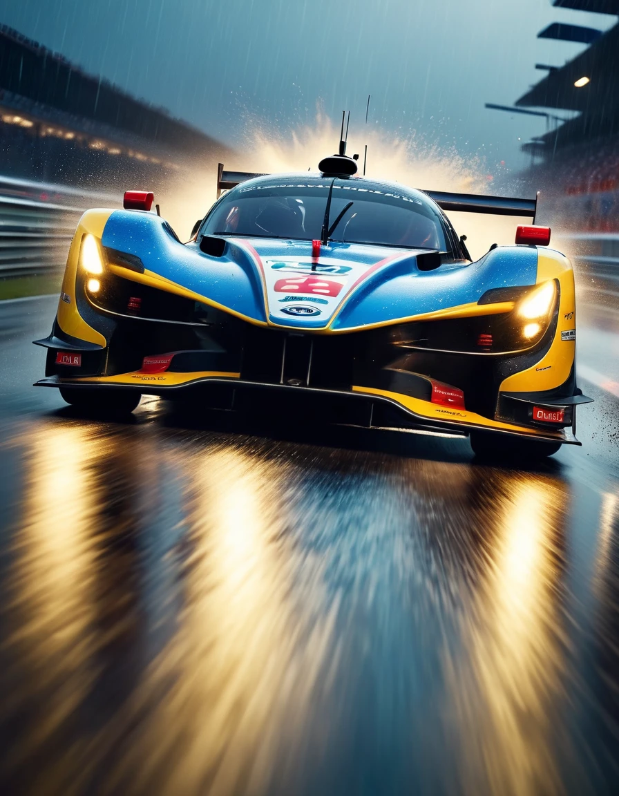 movie scene,Extreme close-up,(Looking straight ahead at the out-of-control racing car),(A high-speed racing car is rushing towards the camera),(The track on a rainy night:1.5),Foggy,glaring anamorphic lens flare,Dramatic lighting,(high speed photography),(Motion Blur:1.5),Award-winning photography,Fear and panic