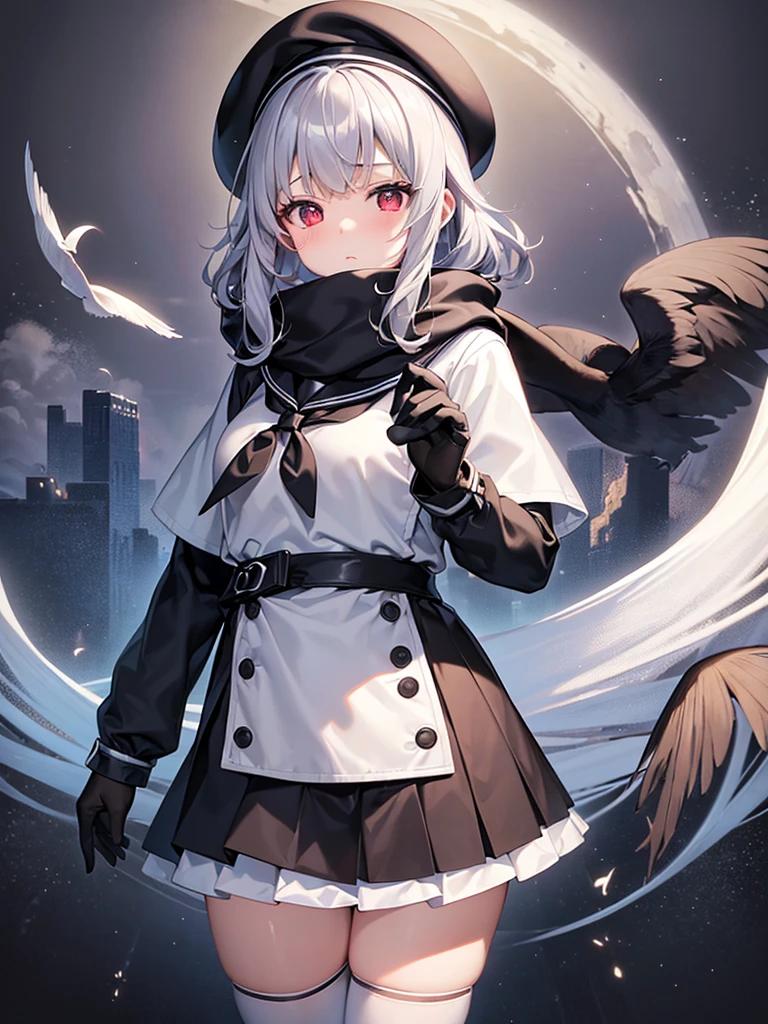 (masterpiece、highest quality)、4K、High resolution、Sharpness、Detailed face:1.2、anime(1.2)、bird's eye view、looking at the camera、Peeping、tilt one's head、cute、Second dimension beautiful girl、、1 girl、Are standing、White skin、Red Eyes、Small breasts、、Confused eyes、Looking up、Innocent eyes、Expressionless、Embarrassed、Large beret、Sailor suit、Poncho coat、Scarf、woolen gloves、full bang、Gray Hair、Thighs、Absolute area、Pleated skirt、black super mini skirt、Black thigh-high socks、Black knee-high socks、Heart symbol、love