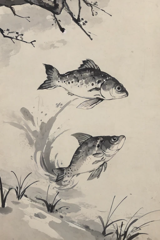 Ink Painting,In the lake,Water grass,Two fish,One after the other playing in the water,8K