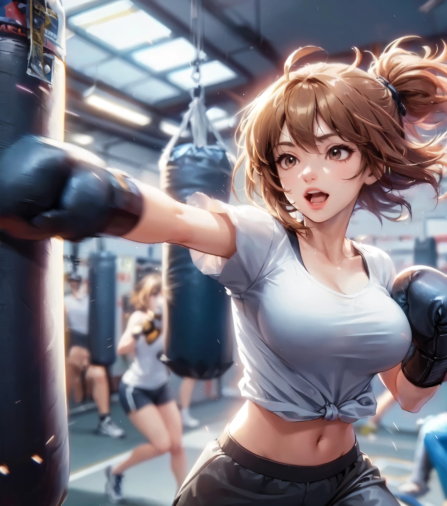 1lady solo standing, (sparring with sandbag), (dynamic posing), (stylish boxing outfit), (T-shirt) (sporty shorts), mature female, /(light brown hair/) bangs (messy hair), (light smile:0.8), open mouth, (teeth:0.8), (masterpiece best quality:1.2) delicate illustration ultra-detailed, large breasts BREAK (wearing glove), (motion blur:1.2), (blurred glove:1.2) BREAK (boxing gym) indoors, (sandbag hanging from ceiling), noon, detailed background