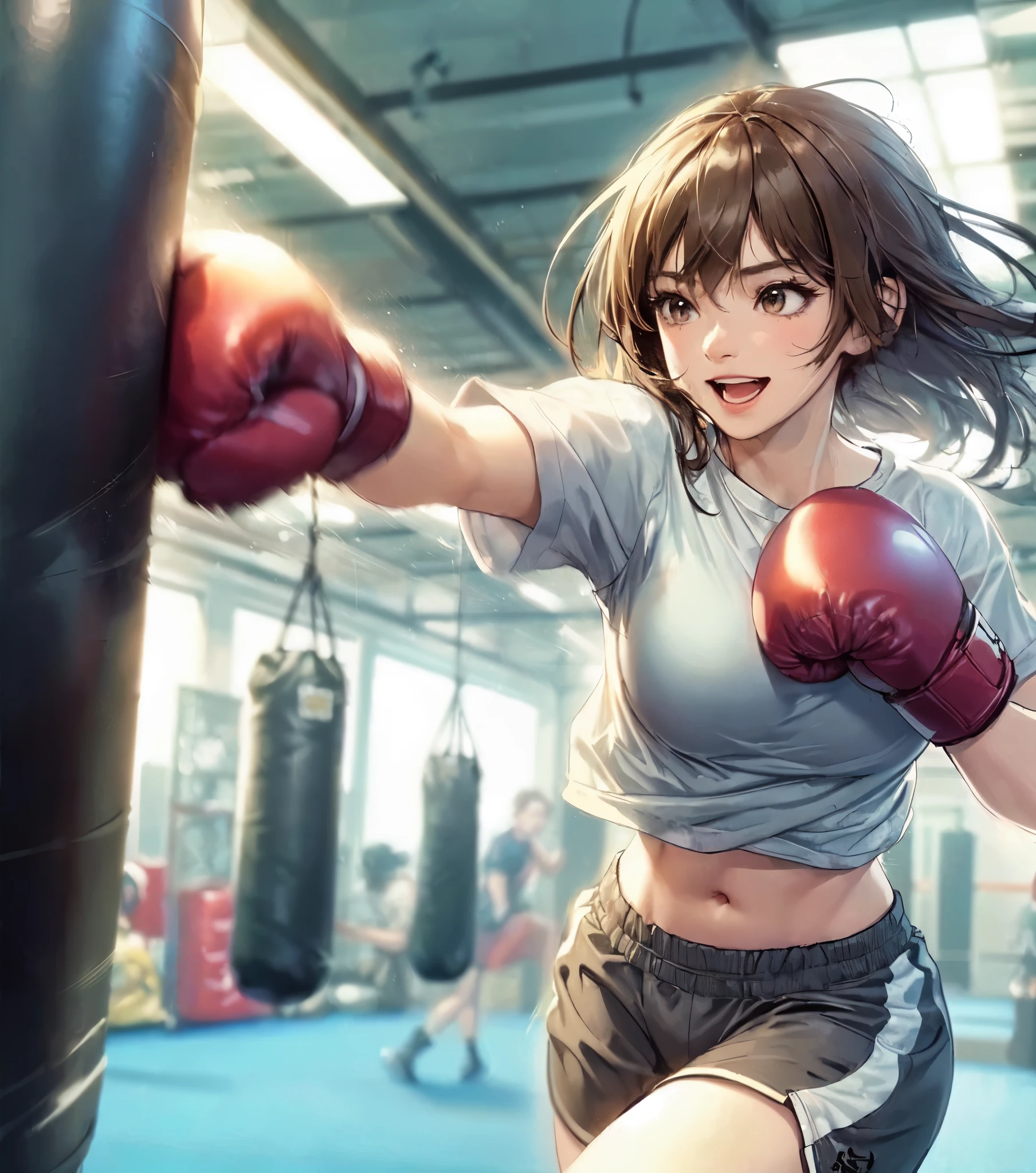 1lady solo standing, (sparring with sandbag), (dynamic posing), (stylish boxing outfit), (T-shirt) (sporty shorts), mature female, /(light brown hair/) bangs (messy hair), light smile, open mouth, (teeth:0.8), (masterpiece best quality:1.2) delicate illustration ultra-detailed, large breasts BREAK (wearing glove), (motion blur:1.2), (blurred glove:1.2) BREAK (boxing gym) indoors, (sandbag hanging from ceiling), noon, detailed background