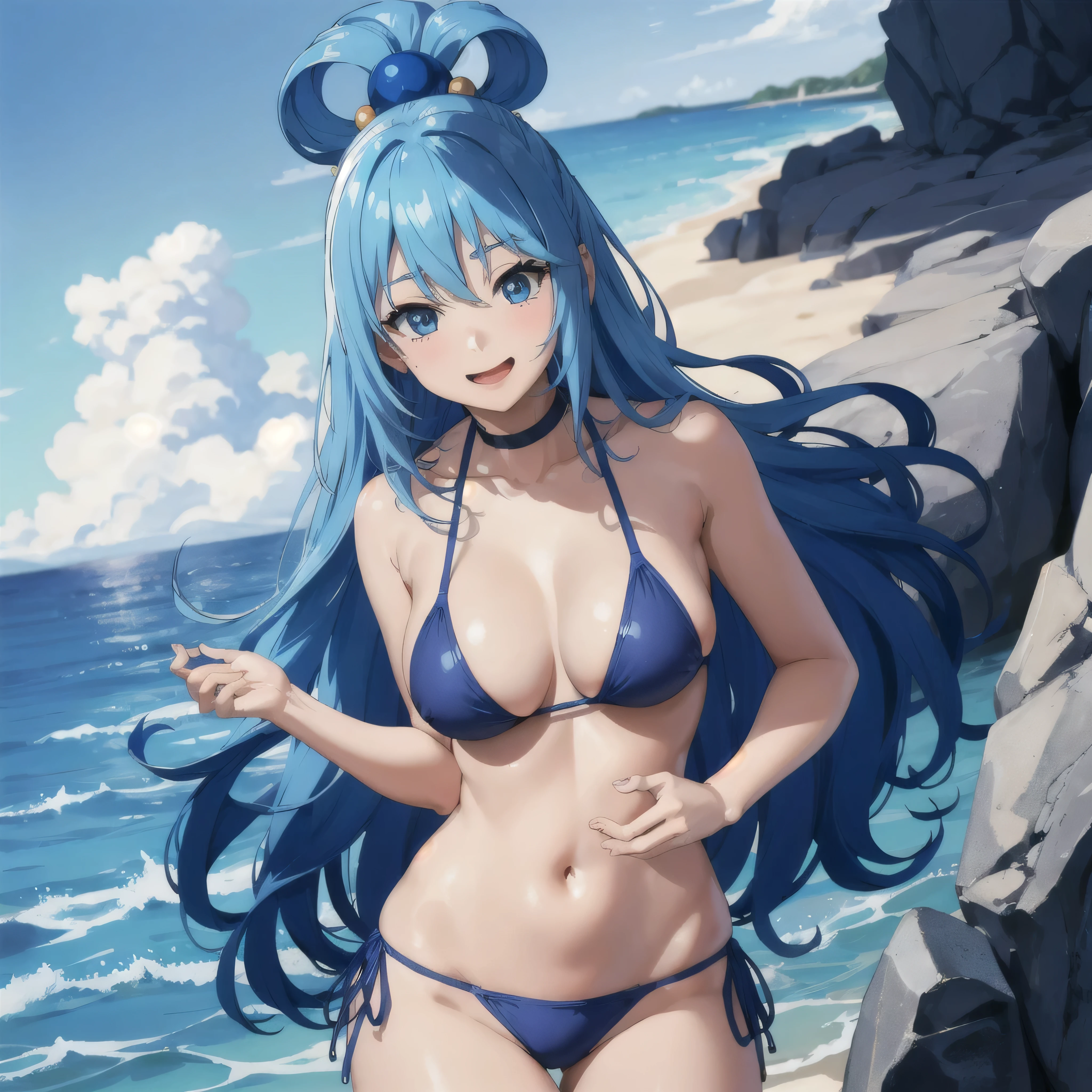 masterpiece、highest quality、High resolution、Very detailed、Anime Girls、solo、View your viewers、Cowboy Shot、smile、Open your mouth、Leaning forward、Very long hair、Blue Hair、Blue Eyes、Single Hair Ring、Big Breasts、cleavage、woman with very large breasts、collarbone、bikini、Ocean、Blue bikini、Beach、bikini top with an blue、bikini bottom with an blue、sunlight、in a triangle bikini、Are standing、