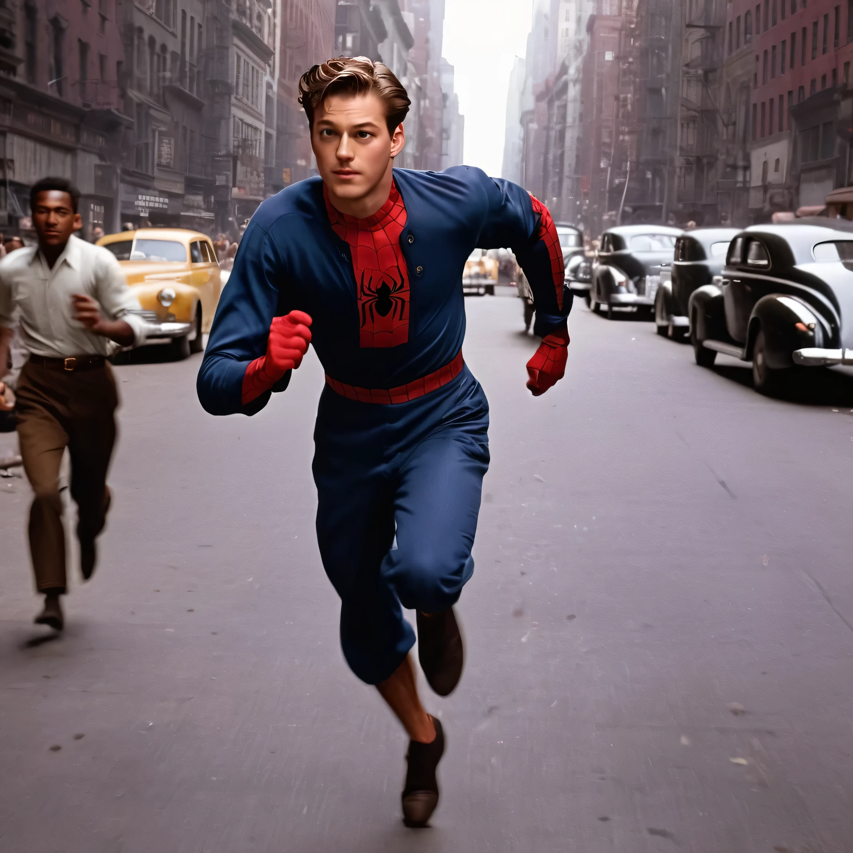 Peter Parker wearing a 1940 working clothes running towards the camera opening his shirt revealing his spider suit inside, people waling around, bury background, a lot of people around, old New York City, 1940's, 1940, Old, Vintage