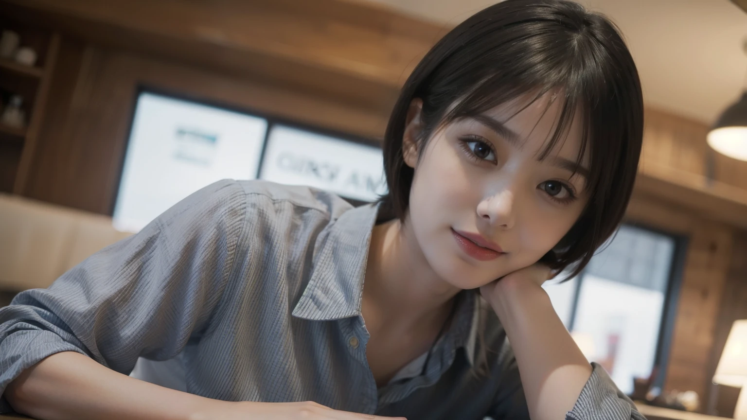highest quality, masterpiece, (Realistic:1.4), One girl, A light smile, Collared shirt, Upper Body, Gravure photoshoot in a cafe, Short Hair