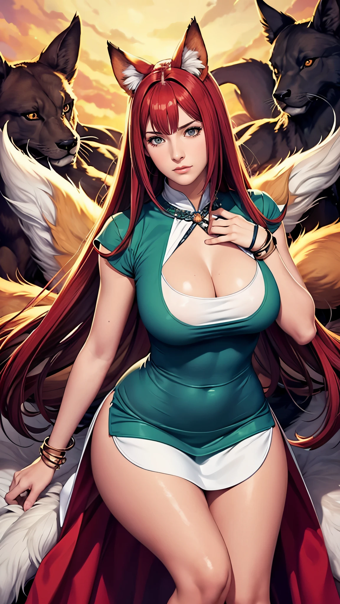 （（（完美figure，figure，（（（A giant fox stands behind a woman，White skin，kurama,Pommeled Horse, abdominal muscles, red eyes, animal ears, body hair, colored sclera, fox ears, fox girl, fox tail, hairy, hairy female, fox, multiple tails, muscular, navel, orange fur, permanent, tail, tone, （（（shirt, dress, short sleeves, apron, bracelet, green apron, collar,））），））），（（（kushina, long hair, hair ornament, red hair, hairclip, (grey eyes:1.5), ））），((masterpiece)),high resolution, ((Best quality at best))，masterpiece，quality，Best quality，（（（ Exquisite facial features，Looking at the audience,There is light in the eyes，(（（Pain, patience, biting lips））)，））），型figure:1.7））），（（（Light and shadow，Huge breasts））），（（（Looking at the camera，black background，）））
