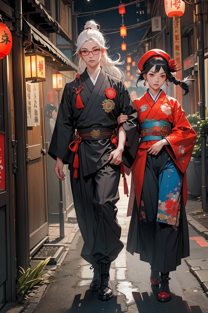 two girls,City of night,girl, Fantasy, An illustration, Showa Era, White Hair Girl, Red eyes, blue beret,Red spider lily,Steampunk background,fair,Japan,Red Eyes,bob hair,evening,nightclub market,Character portrait,Small people,Real,Light,stall,full body,character,soldier,Navy blue clothes,A town like Chinatown,赤いLight,青い反射Light,Taisho Romance,群青のkimono,(Decorative composition: 1.6), masterpiece, high quality, (((フォトReal)), The direction of the film, (High Contrast), Facial details, Detail view, garden, girlは12歳です,kimono,Ethnic national costumes,Wearing round trousers,girlは物陰に隠れている,Wearing military boots,He has a gun,Be on guard,Military badges,uniformの上着,Clothes with different colors on the left and right,uniform,Military badges,Looking into the distance,Gold Thread Clothes,holding a gun,The right knee is on the ground,The other was a girl with black hair and two braids.,Round Glasses,In combat