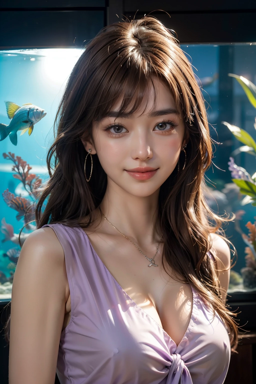 (HighestQuality, 8K,32k,masterpiece, UHD:1.2),Highly detailed CG Unity 8K wallpaper,intricate details,Raw photo,(realistic:1.4),atmosphere,ultra high resolution,genuineistic,genuine,Huge_file size,incredibly absurd,(in the center:1.3),ultra illustration,(Super detailed),dramatic lighting,different colors,written boundary depth,art:Krenz Kushart,golden hour lighting,Photographed with Canon EOS,SIGMA art lens 35mm F1.4,ISO200 Shutter speed 2000,blurred background,
break,
1 girl,(smile:1.4),because I'thin,(Straight long hair with see-through bangs,:1.4),alone,ars old Japanese beauty, (aquarium,light purple blouse:1.5),(light brown hair:1.5),((brown eyes)),largechest,chest, Soft white skin that shines in every detail,pale skin,very beautiful face,very well-shaped face,natural and realistic face,Highest,fine and beautiful eyes,impressive, Big eyes,fine eyes, smile, smile with your mouth closed, detailed mouth,lip details,glossy beautiful lips,glossy lips,simple earrings,necklace,jewelry, alone focus,low neckline,
break,
light from the front,nice,Are standing,sensual expression,sunshine, break,
(Dutchangle:1.4),looking at the viewer,
break,Tzuyu,Yui Aragaki,