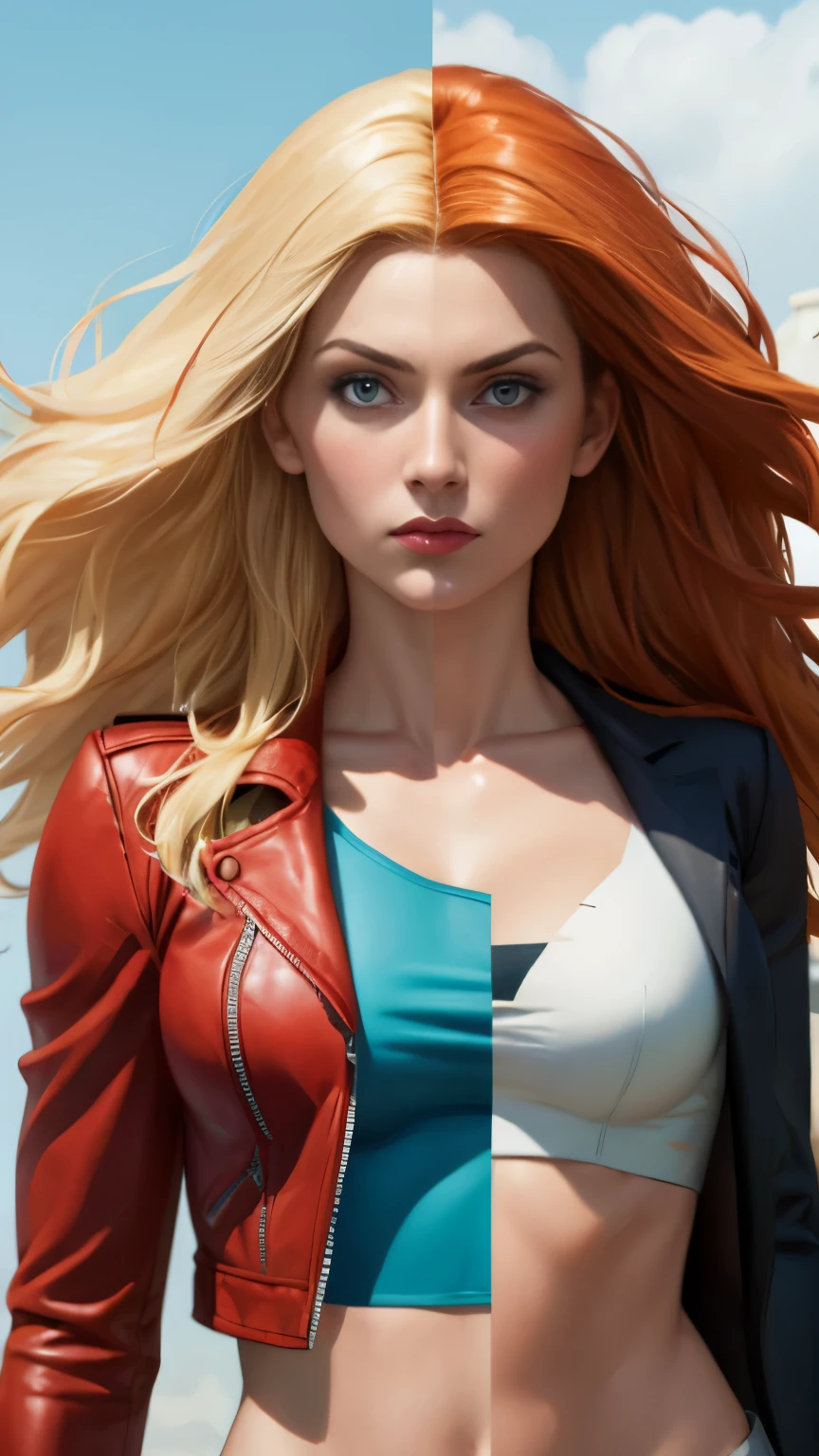 (High resolution), (highly detailed), (high quality,) realistic, beautiful, BREAK 1girl, jean-grey, SplitScreen, split screen, close-up, orange hair, red leather unzip crop top jacket, black top shirt, red gloves, BREAK 1girl, Emma Frost, SplitScreen, split screen, close-up, blonde hair, white leather unzip crop top jacket, blue top shirt, white gloves,