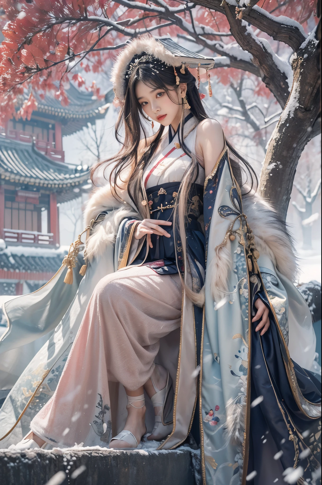 best quality, masterpiece, high resolution,8k,(Realistically:1.4),超high resolution,1 girl,(Black transparent, Lace),(Ultra-realistic skin maps), Ultra Detailed, Surreal, Highly detailed CG illustrations, official art, Movie Lighting, Practical, Young beautiful girl, Perfect body, Perfect body, Full view, Perfect body,enjoy expression,(Start from below:1.3), Sexy pose, Sexy long legs, confidence, Beautiful and sexy, (Gorgeous Chinese Hanfu,cropped shoulder,S-Shape Pose, blush, Chapped lips, View Viewer , half body shot , (fur-edged cloak) ,(Chinese pavilions),It snowed heavily,The ground is covered with snow,