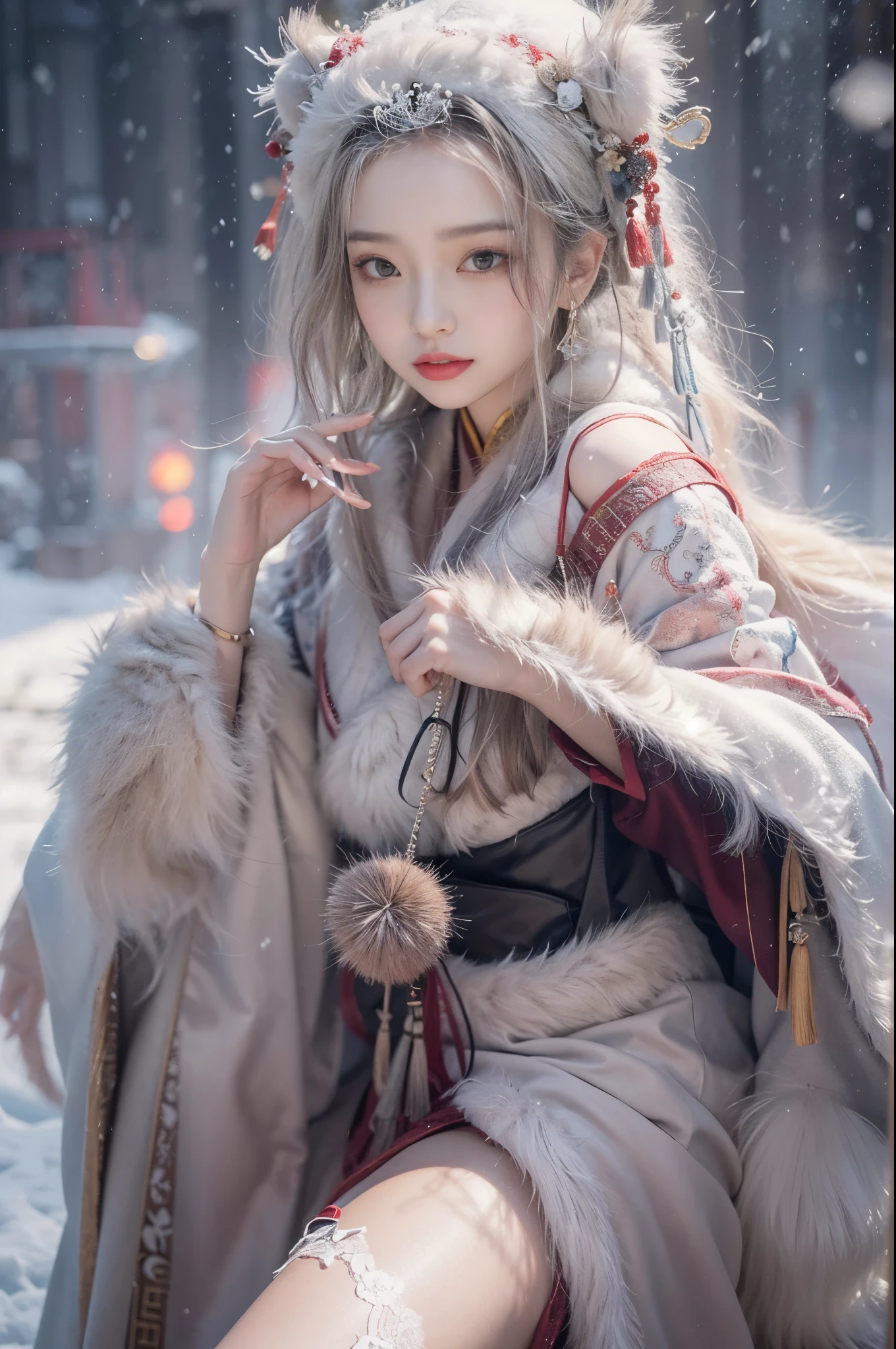 best quality, masterpiece, high resolution,8k,(Realistically:1.4),超high resolution,1 girl,(Black transparent, Lace),(Ultra-realistic skin maps), Ultra Detailed, Surreal, Highly detailed CG illustrations, official art, Movie Lighting, Practical, Young beautiful girl, Perfect body, Perfect body, Full view, Perfect body,enjoy expression,(Start from below:1.3), Sexy pose, Sexy long legs, confidence, Beautiful and sexy, (Gorgeous Chinese Hanfu,cropped shoulder,S-Shape Pose, blush, Chapped lips, View Viewer , half body shot , (fur-edged cloak) ,(Chinese pavilions),It snowed heavily,The ground is covered with snow,