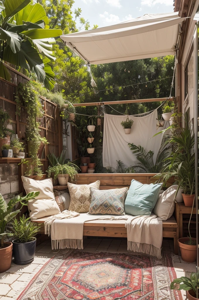 create a realistic image that looks like a photograph, a close up of a patio with a lot of pillows and plants, cottagecore hippie, adorned with all kind of plants, hippie pad, plants and patio, cozy place, afternoon hangout, full of colour, beautiful terrace, afternoon sunshine, inspired by Riad Beyrouti, peaceful ambience, cozy and peaceful atmosphere, bohemian style, vivid and detailed,beige palet, highly detailed, , detalhada, Intrincado, UHD, Fujifilm XT3