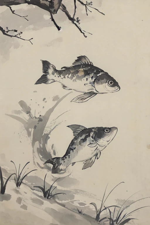 traditional Chinese painting，In the lake，Water grass，Two koi fish，One after the other playing in the water，8K