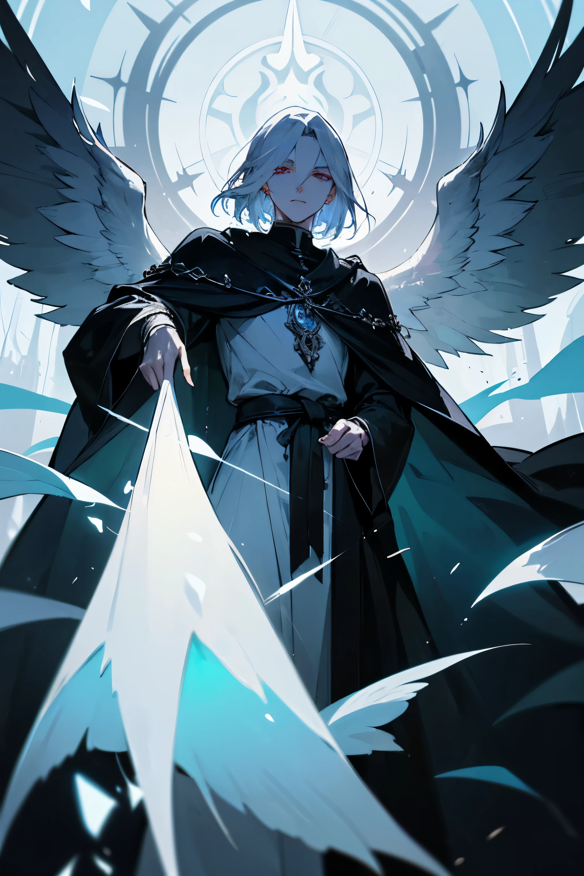 Description: Xanfarel - a young and mysterious male priest of the fallen Aasimar. His pale skin and silver hair with dark streaks make him look like a ghost, and his wings, even though they are black, sparkle with an unusual light, when he enters into spiritual insight. Faithful follower of his fallen deity, Xanfarel uses his gifts of healing and magic to, to serve your dark essence.
Dressed in a long black robe, decorated with silver patterns, he always stays away from others, distinguished by its silence and mystery. Despite his dark nature, Xanfarel is kind at heart and sensitive to the suffering of others, and his eyes are always filled with deep compassion.
In battle he shows his strength and power, calling on magic and healing your allies, but his true strength is manifested in the fight against darkness and evil, who are trying to take possession of his soul. Although his road is crooked and full of trials, Xanfarel remains faithful to his fallen deity, ready to go to the end for the sake of his black destiny.