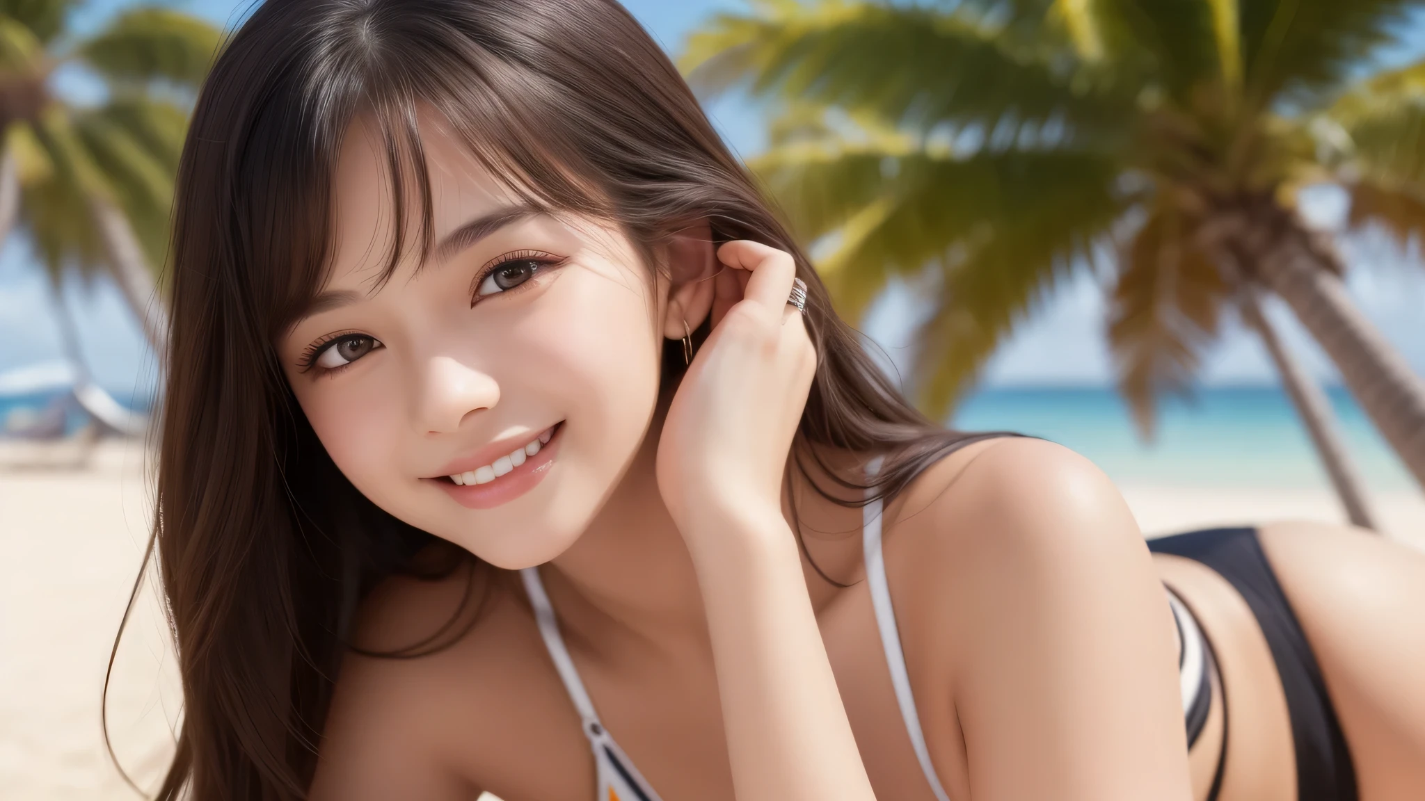 (2girl:1.3), (ultimate beautiful girl), cute face, (smiling), (Best Quality:1.4), (Ultra-detailed), (extremely detailed beautiful face), (highly detailed Beautiful face), (extremely detailed CG unified 8k wallpaper), High-definition raw color photos, Professional Photography, Extremely high resolution, fashionable, Highly detailed, bikini, beach, palm trees,