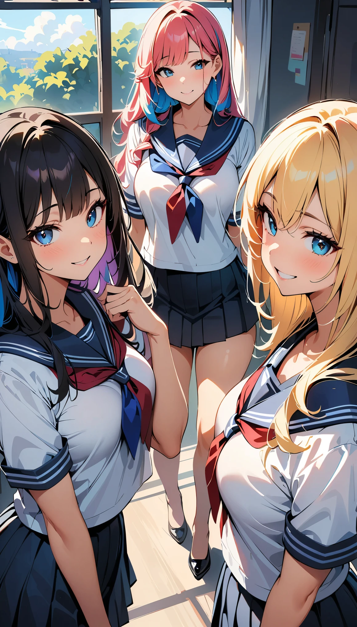 (high quality, 8k, 4K, High Contrast, masterpiece:1.2, 最high quality, Best aesthetics), , ((Four women in sailor suits posing sexy)), Beautiful woman face, Facial details:1.2, Colorful hair colors, The finer details, School Harem, Lots of light coming through the window, happy,