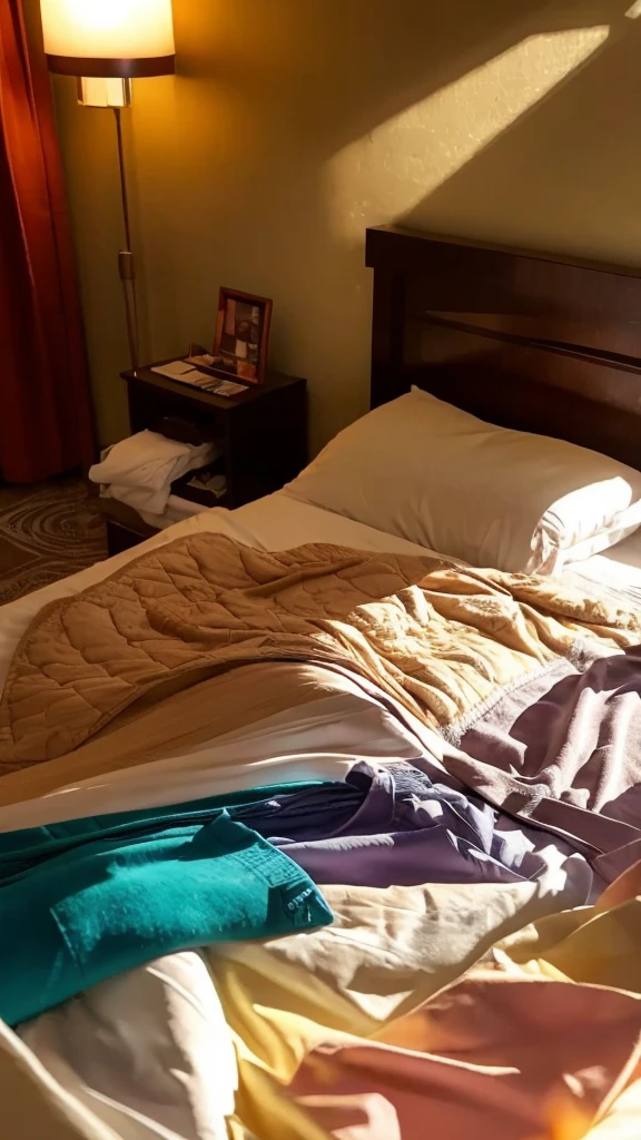 highest quality、masterpiece、Love hotel with morning sun shining in、A bed with clothes scattered all over it、After sex、real、There is no one、wet sheets、The floor is clean、床にNintendo Switch