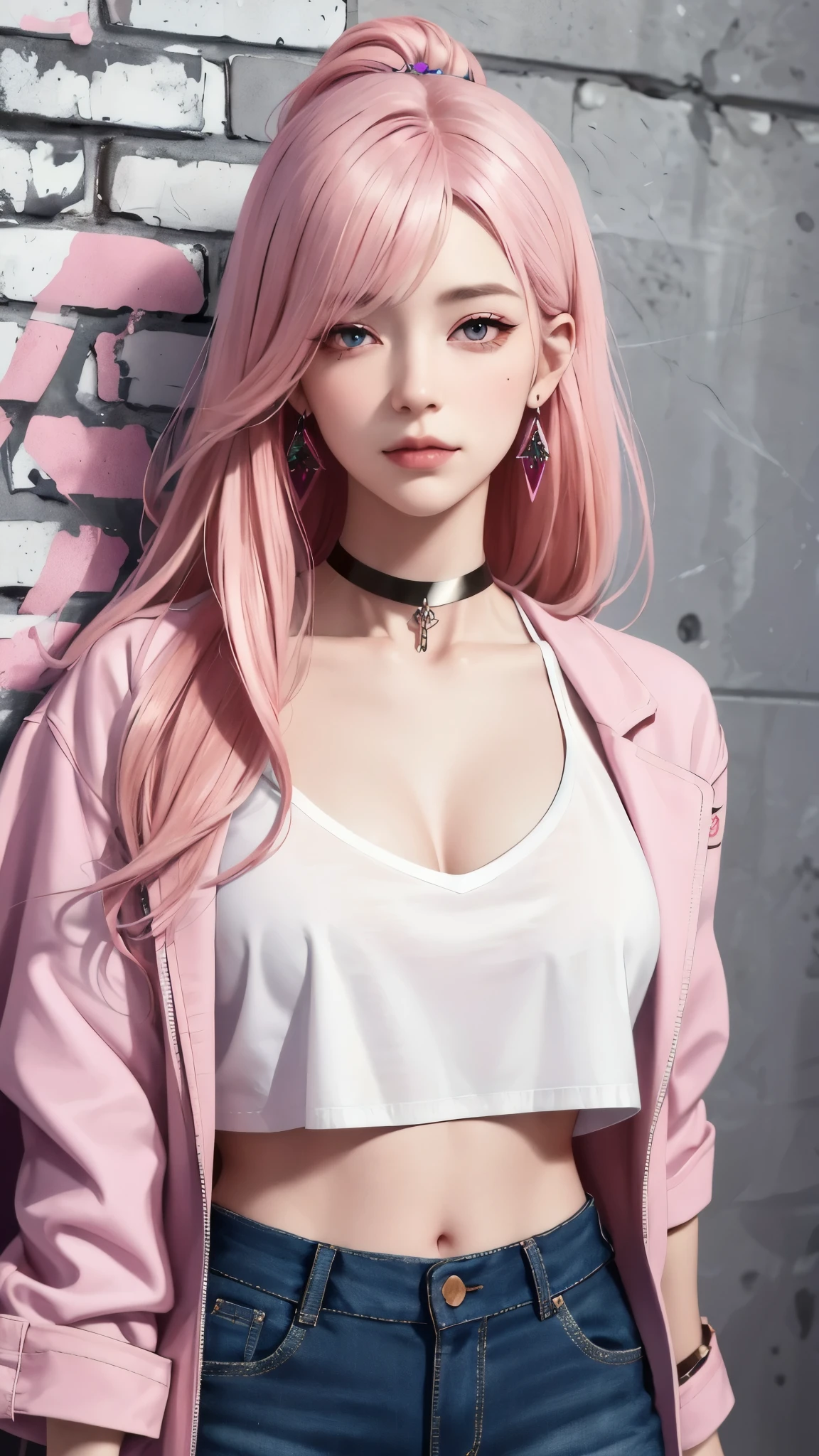 (masterpiece, best quality, 1girl, solo, intricate details, chromatic aberration), realistic, ((medium breath)),long hair, pink hair, red head ornament, pink highlights, hair over one eye,purple eyes, earrings, sharp eyes, choker, neon shirt, open jacket, crop top, (symmetry eyes),(perfect symmetrical body),against wall, brick wall, graffiti, dim lighting, alley ,look at viewer